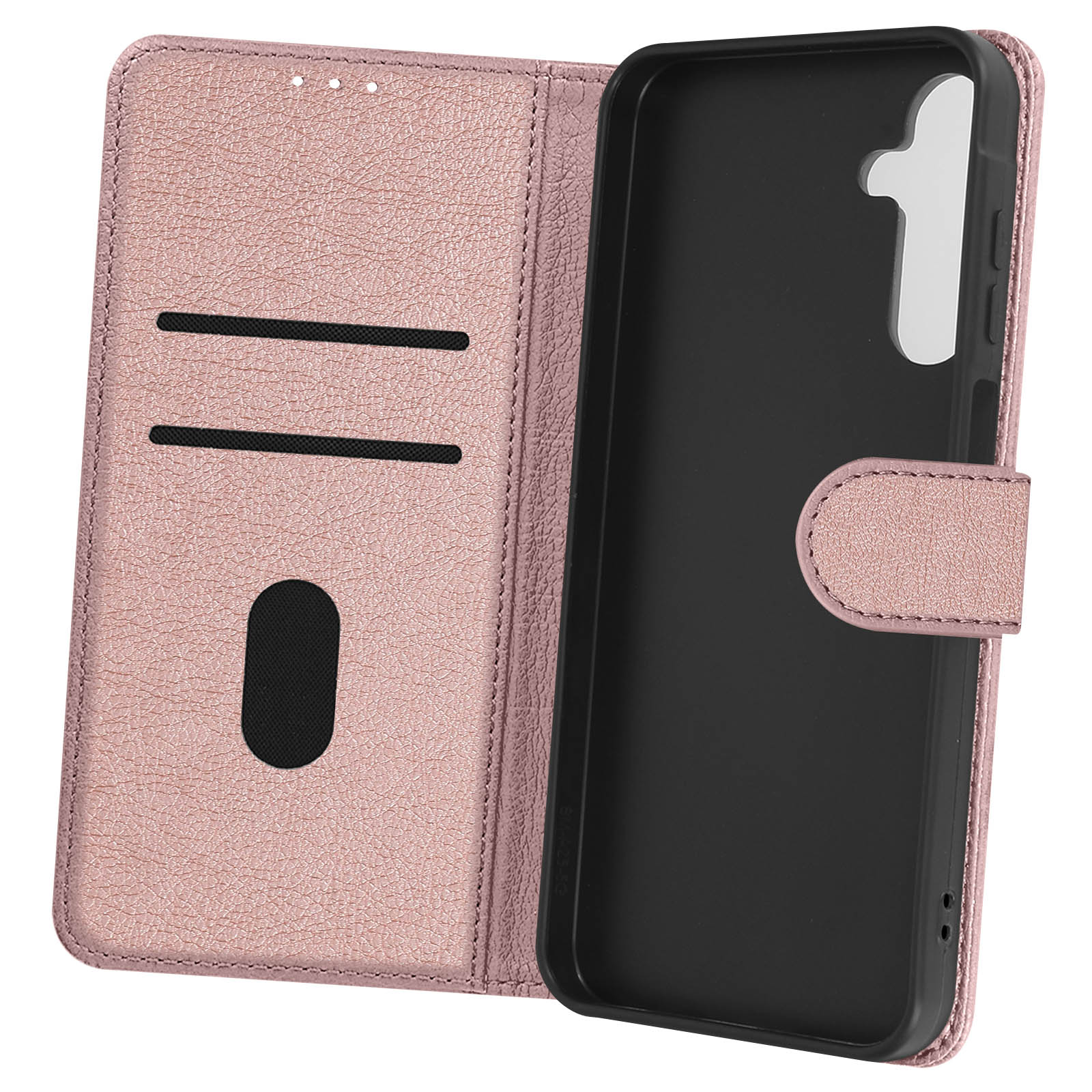 Custodia in pelle rosa aperta, che mostra fessure per carte e interno nero del telefono.