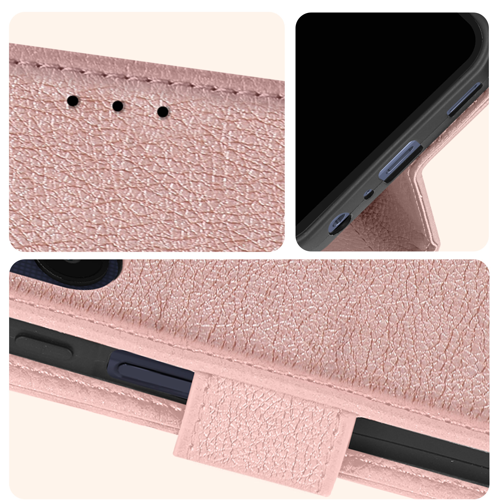 Primo piano di una custodia rosa con dettagli. Include cuciture e una chiusura.