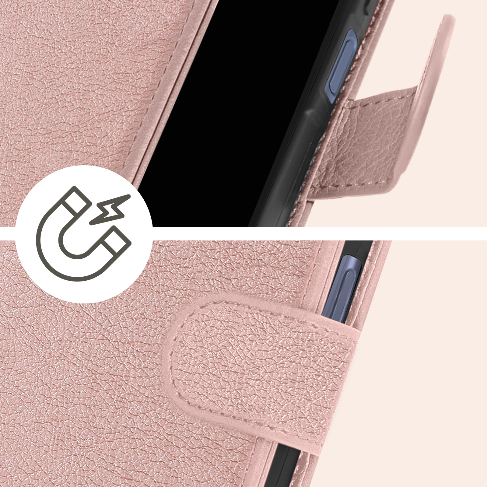 Primo piano di una custodia per telefono rosa con un simbolo a calamita. Il telefono è nella custodia.