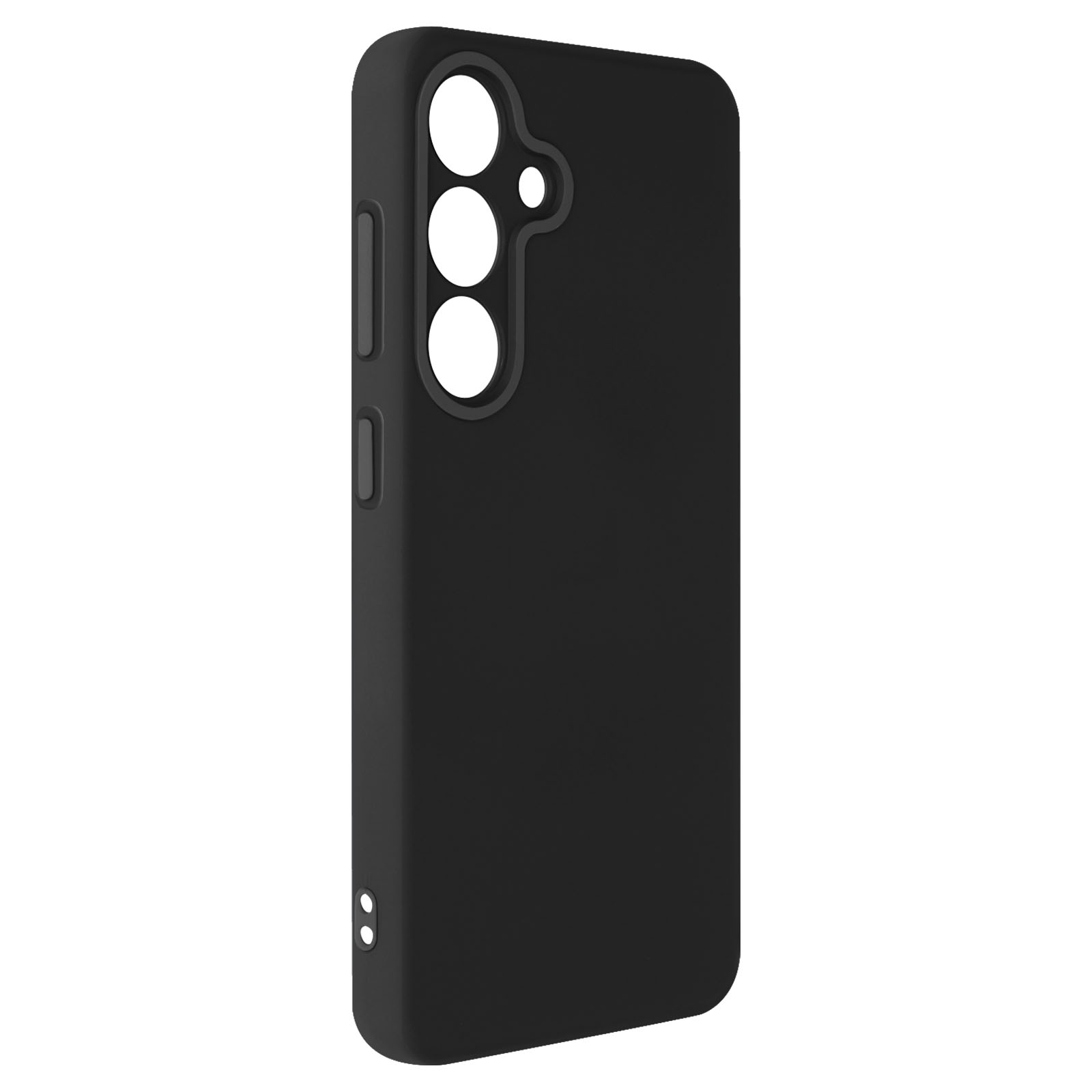 Una custodia nera per telefono con tre ritagli per la fotocamera. La custodia ha una finitura liscia e opaca.