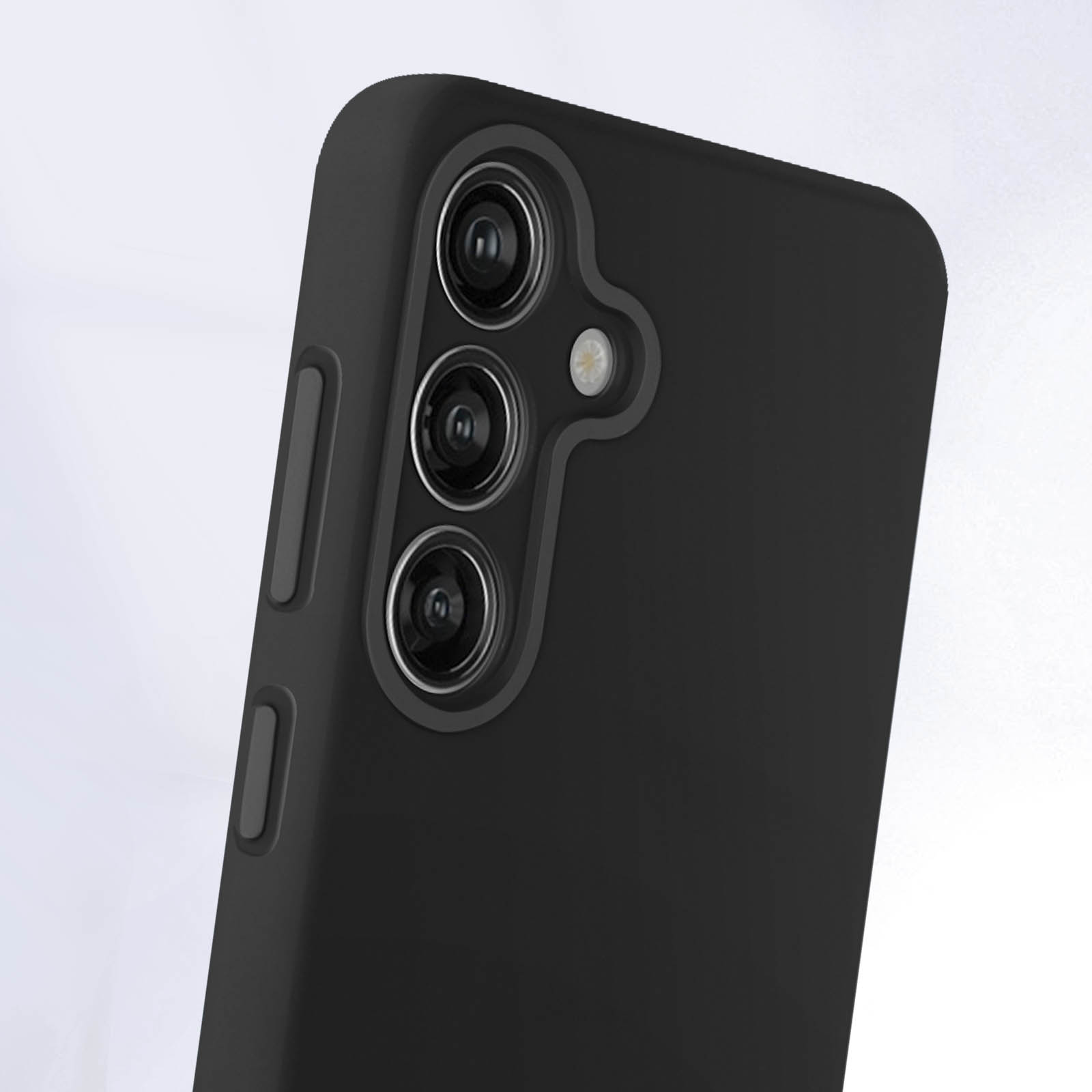 Primo piano di una custodia per telefono nera con tre obiettivi della fotocamera. È visibile un pulsante laterale.