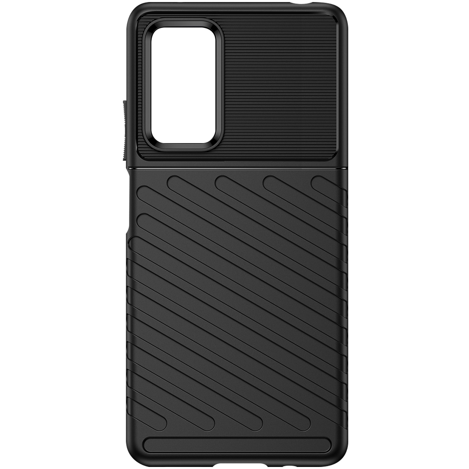 Una custodia per telefono nera con un design strutturato. L'intaglio della fotocamera è nella parte superiore.