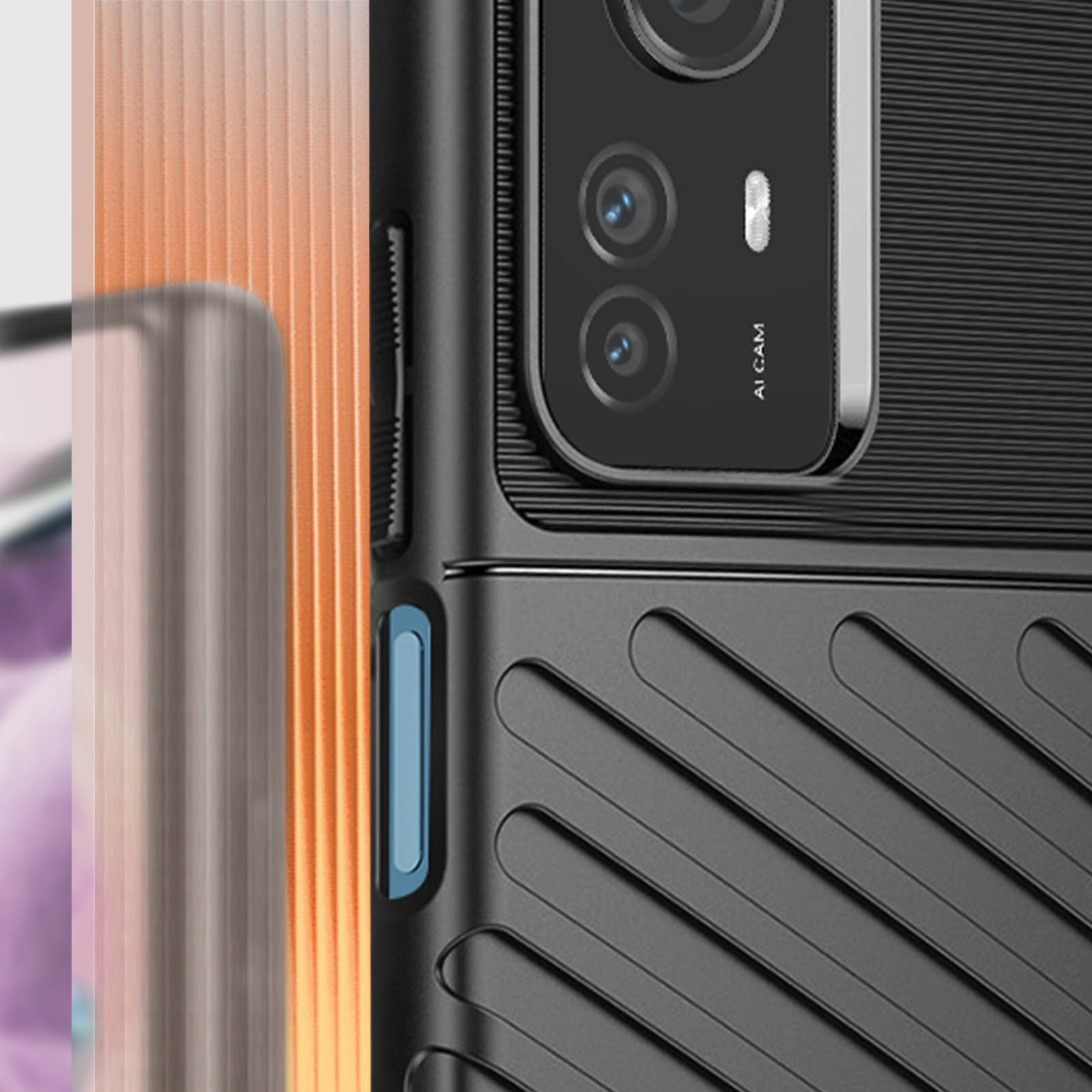 Primo piano di una custodia per telefono nera con modulo fotocamera e tasti laterali.