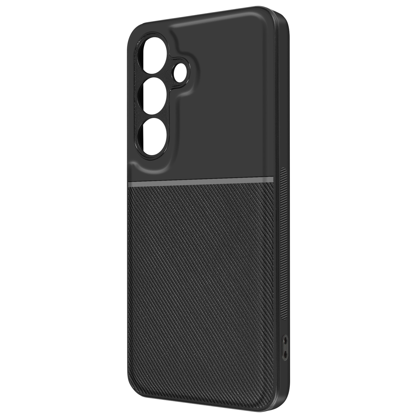 Custodia nera per telefono con parte inferiore strutturata e sezione superiore liscia. Foro per fotocamera visibile.