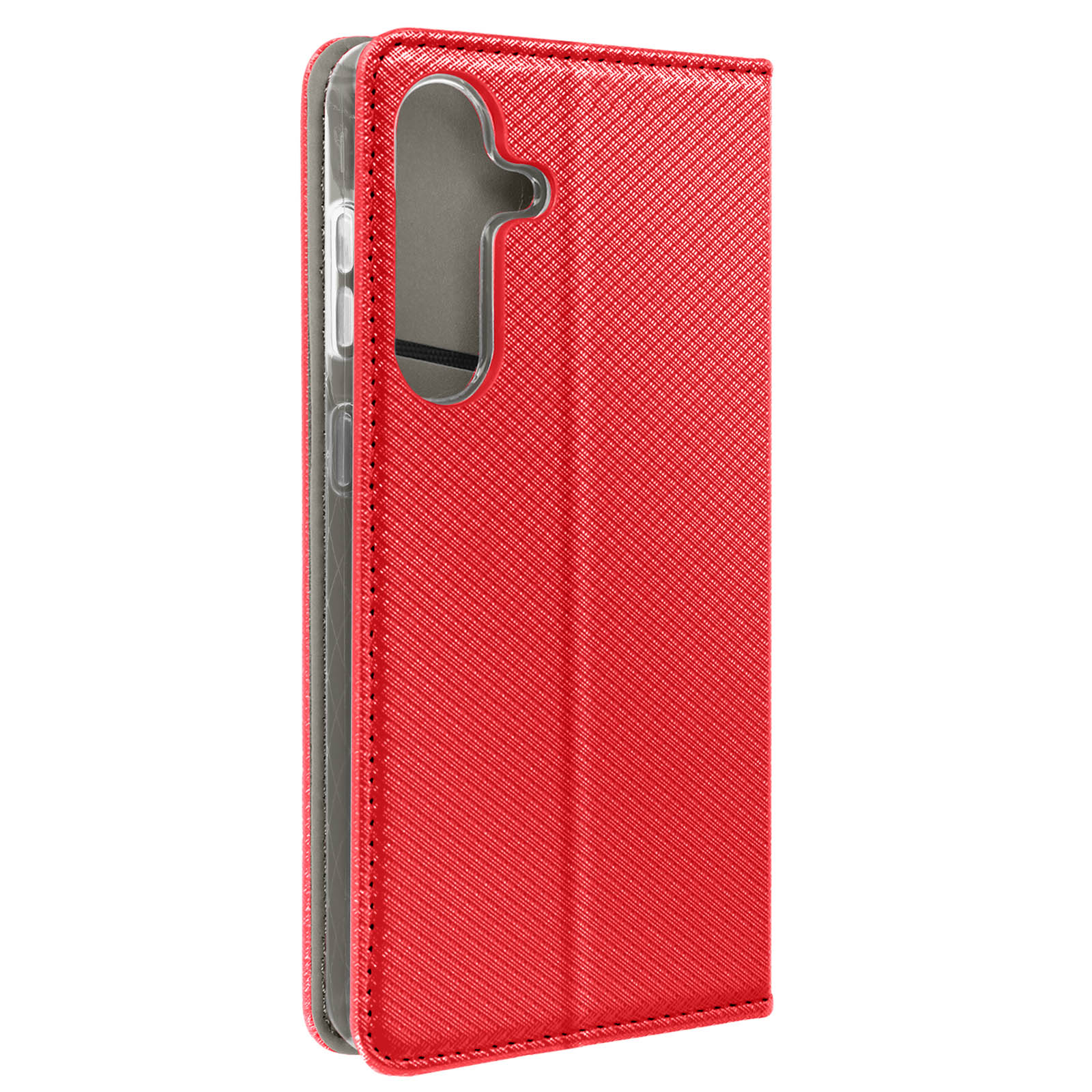 Coque de téléphone rouge ouverte sur une surface blanche, avec une texture à motifs.