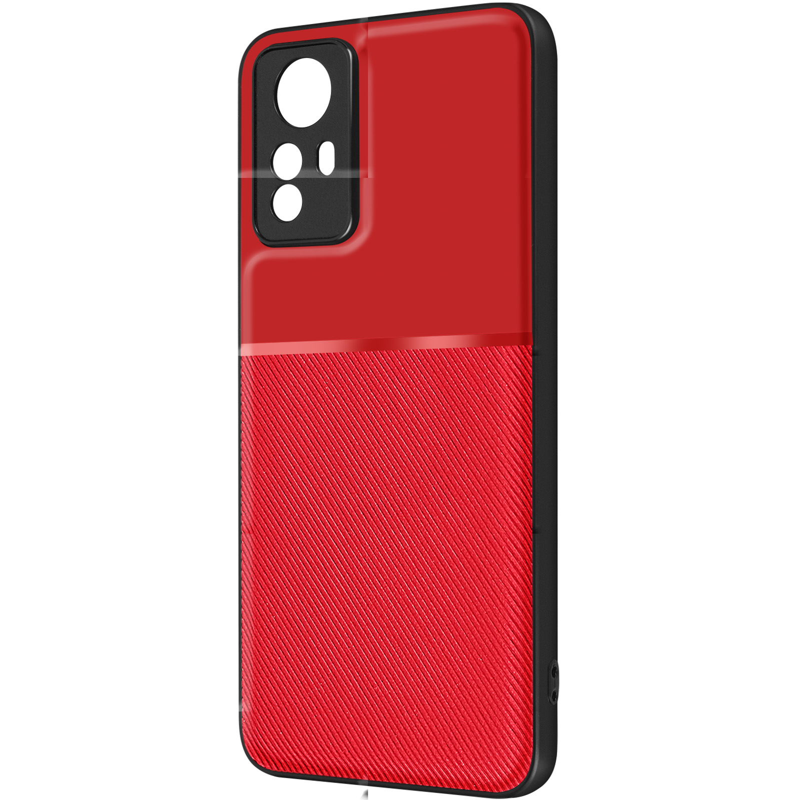 Una custodia per telefono rossa con una sezione inferiore scanalata e una sezione superiore nera con la fotocamera.