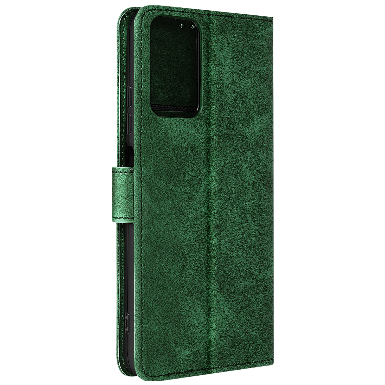 Custodia verde per telefono con superficie strutturata. La custodia è chiusa, con chiusura magnetica. La fotocamera è visibile.