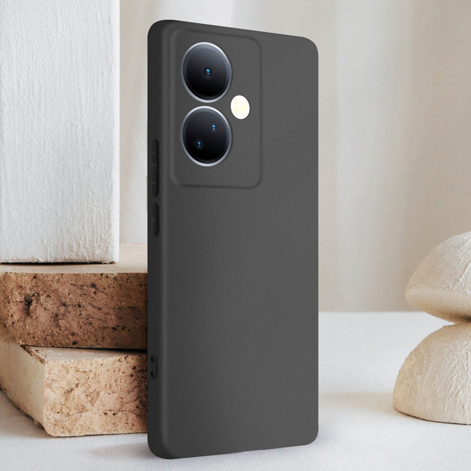 Custodia per telefono grigio scuro con due lenti della fotocamera. La custodia è chiusa.