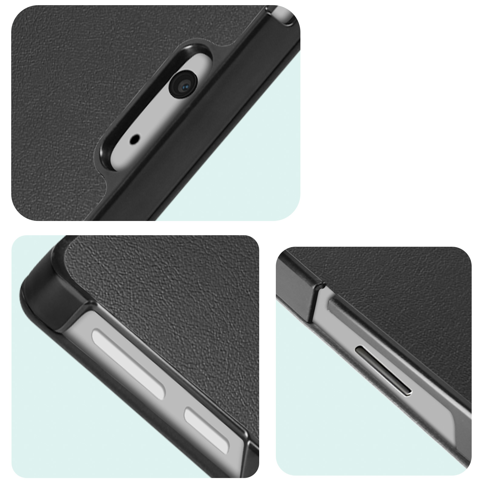 Gros plan sur une coque de téléphone. Montre les boutons et le trou de la caméra.
