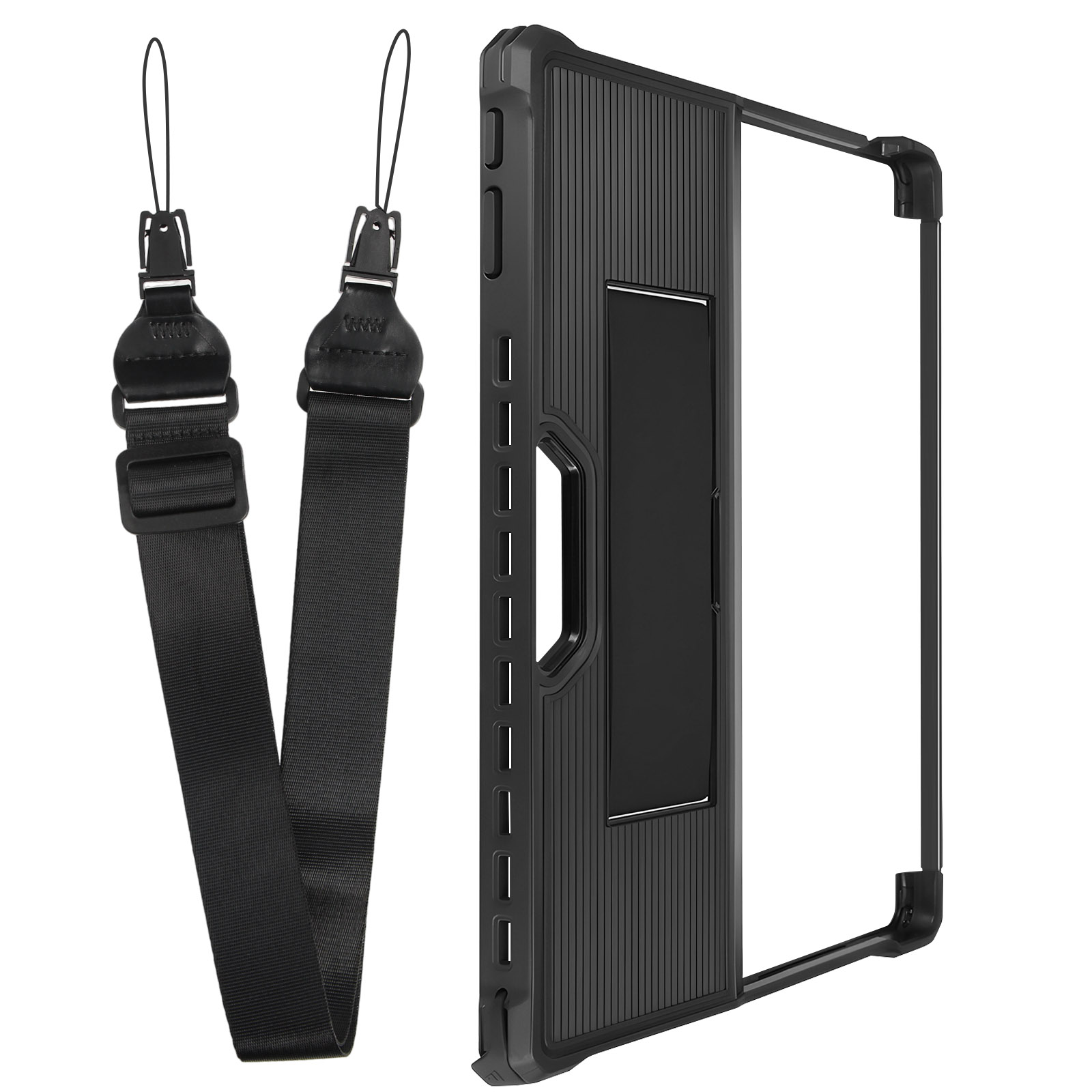 Custodia per tablet nera con cinturino. La custodia ha una maniglia e una protezione per lo schermo trasparente.