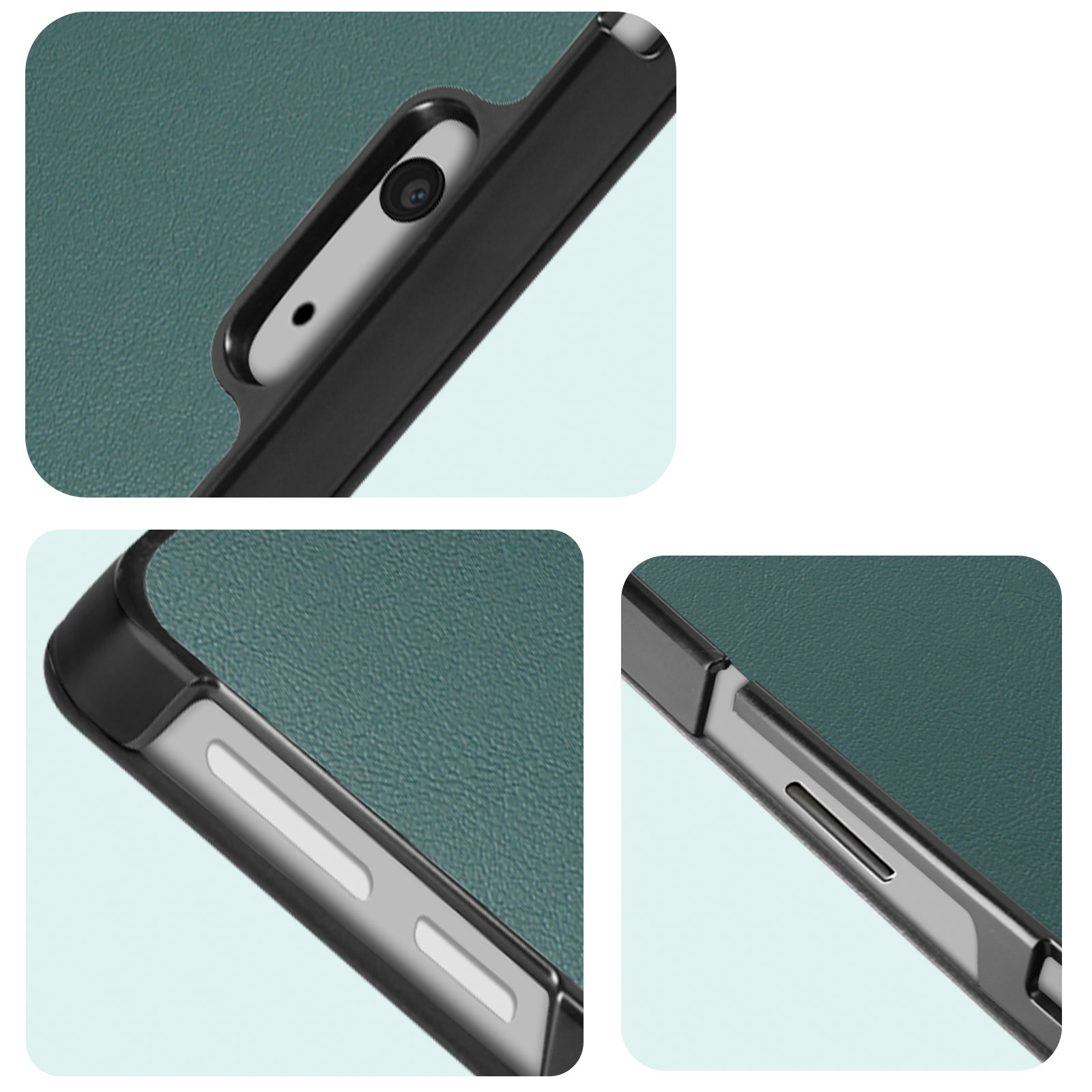 Primo piano dei dettagli della custodia del telefono. Mostra la fotocamera e i pulsanti laterali.