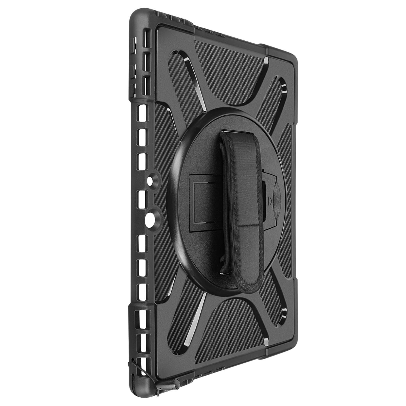Una custodia per tablet nera con maniglia. La custodia è strutturata e presenta ritagli per le porte.