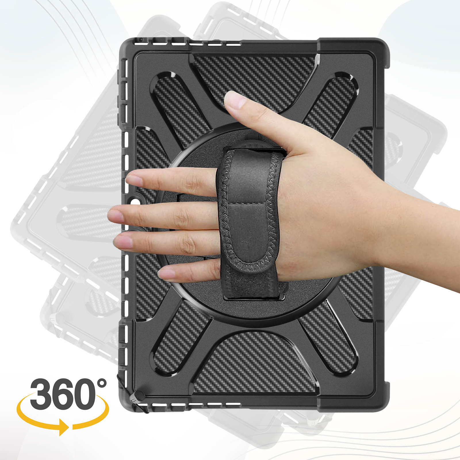 Una custodia per tablet nera con una mano che tiene la maniglia e una freccia a 360°.