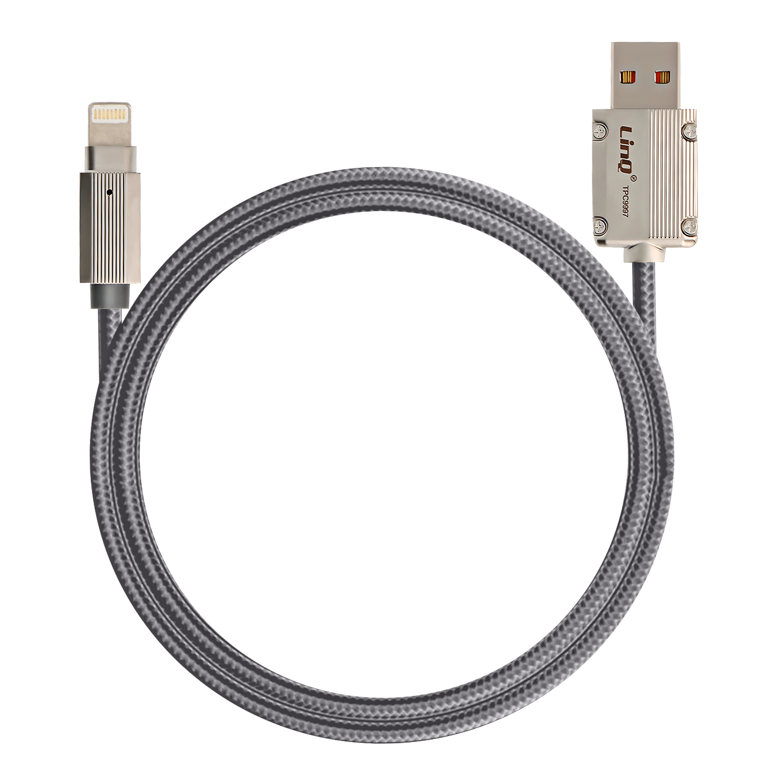 Ein graues Ladekabel mit USB- und Lightning-Anschluss, zu einem Kreis gewickelt.