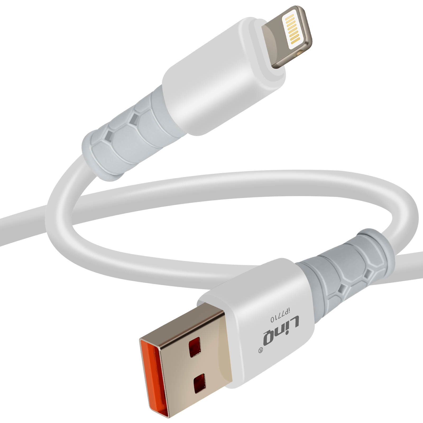 Weißes und graues USB-Kabel mit Lightning- und USB-A-Anschlüssen.