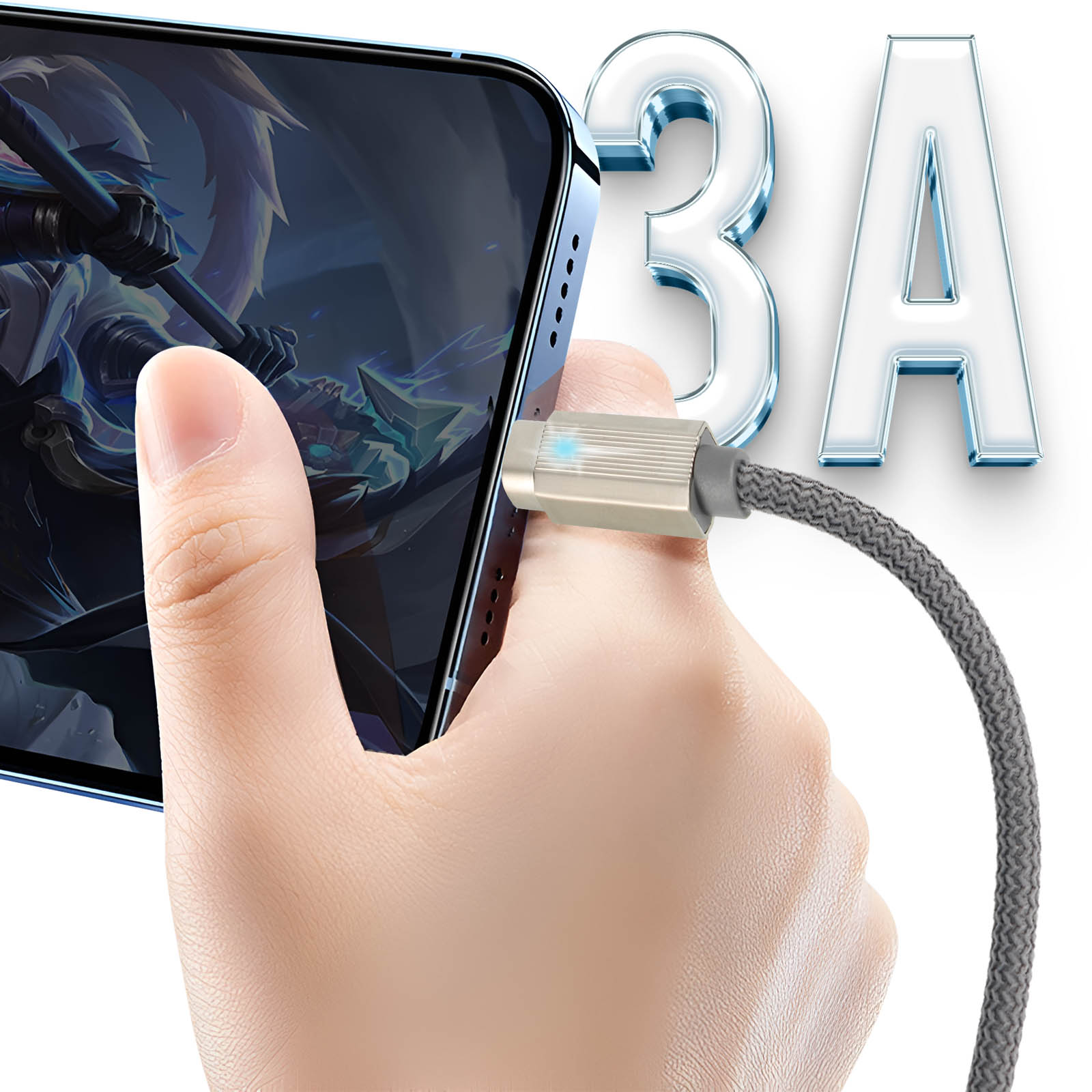 Hand hält ein Telefon, das mit einem Ladekabel verbunden ist. Das Kabel hat die Aufschrift 3A im Hintergrund.