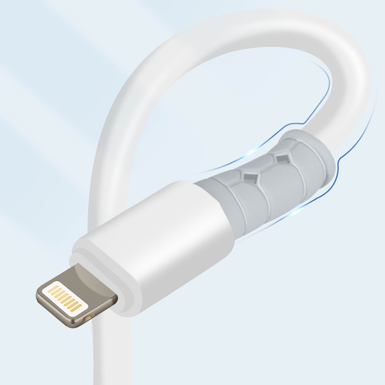 Weißes Lightning-Kabel. Nahaufnahme zeigt Stecker- und Kabeldetails. Blauer Hintergrund.