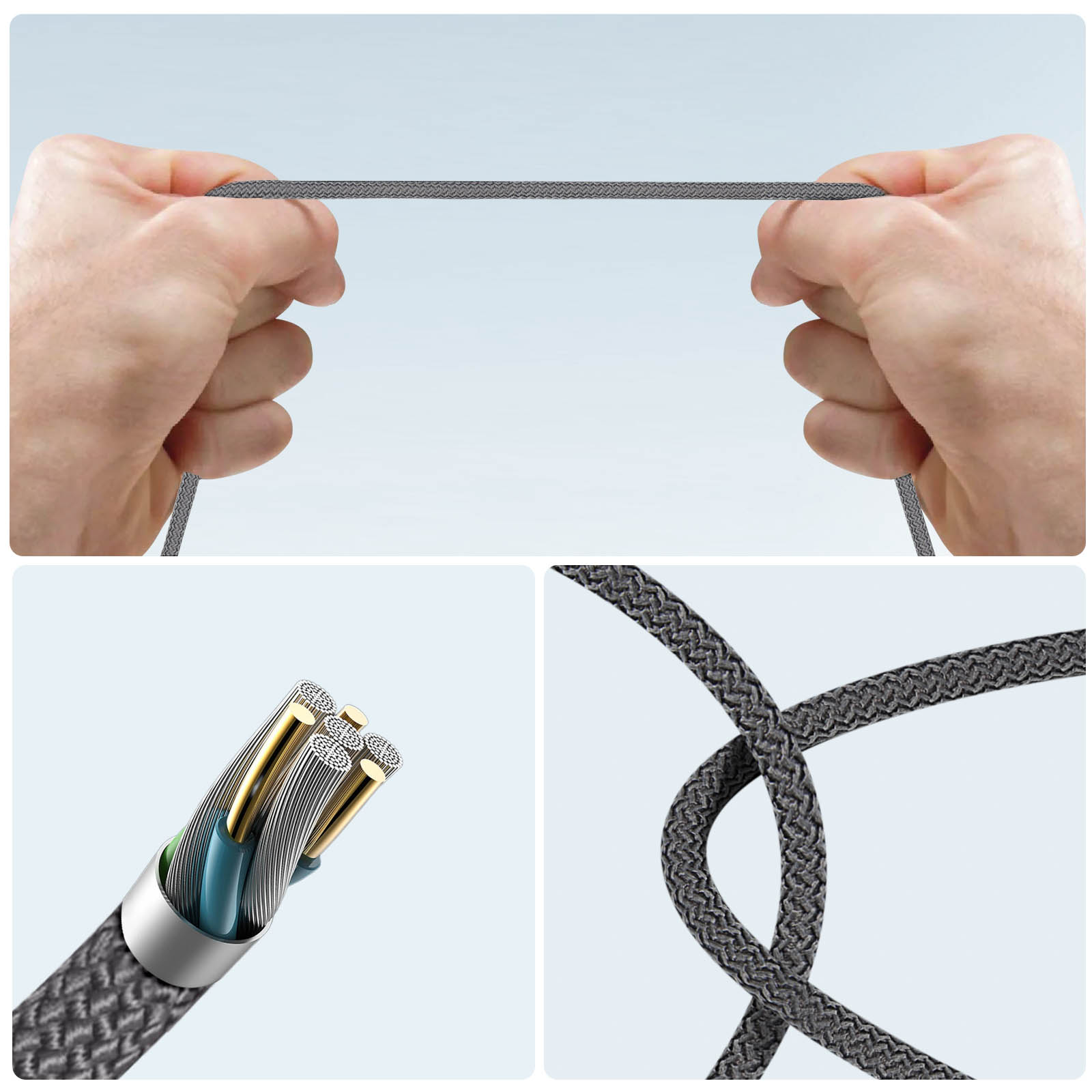 Hände halten ein graues Kabel. Nahaufnahme des Kabelendes und der Innenleiter. Blauer Hintergrund.