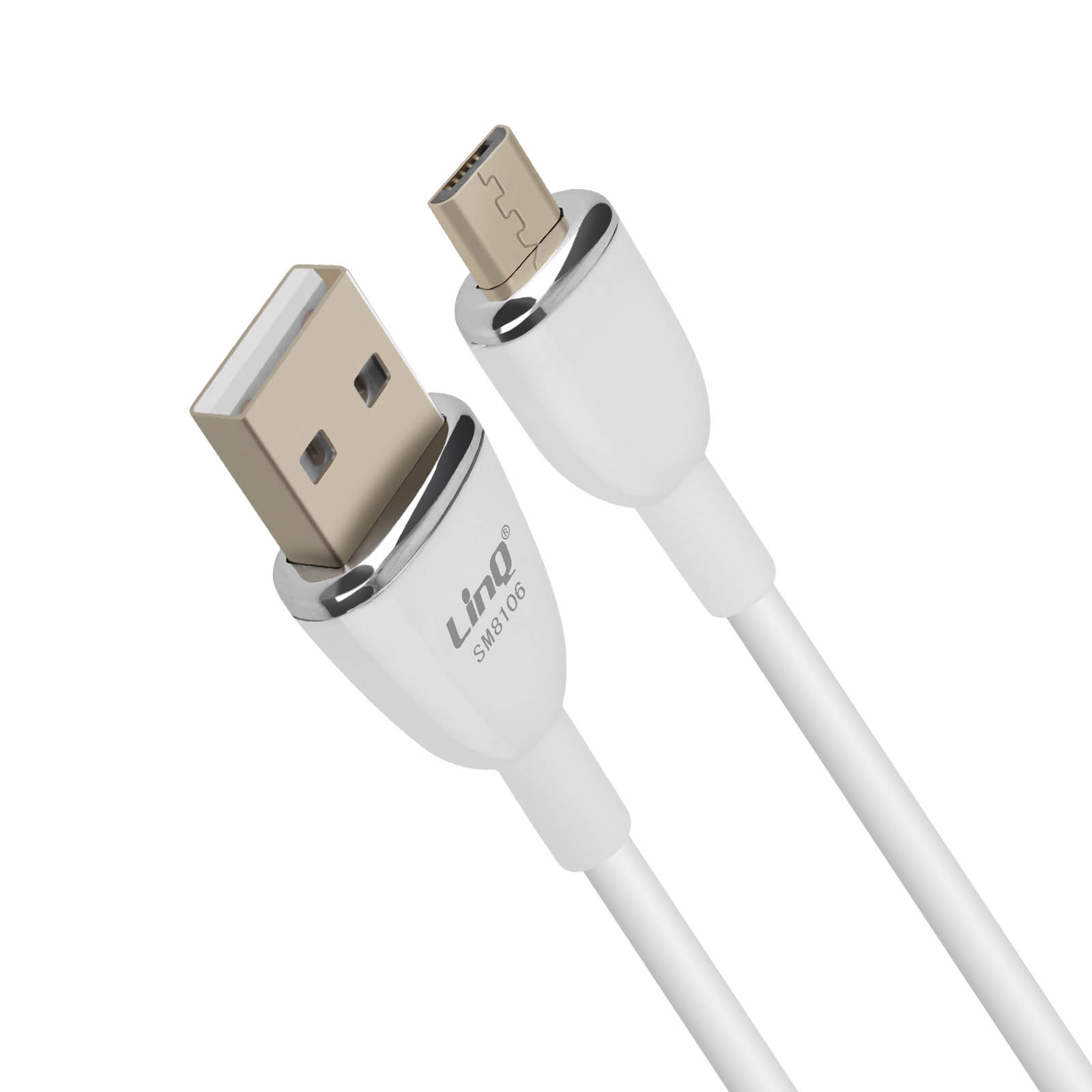Cavo USB bianco con connettore USB dorato e connettore USB-C argentato.