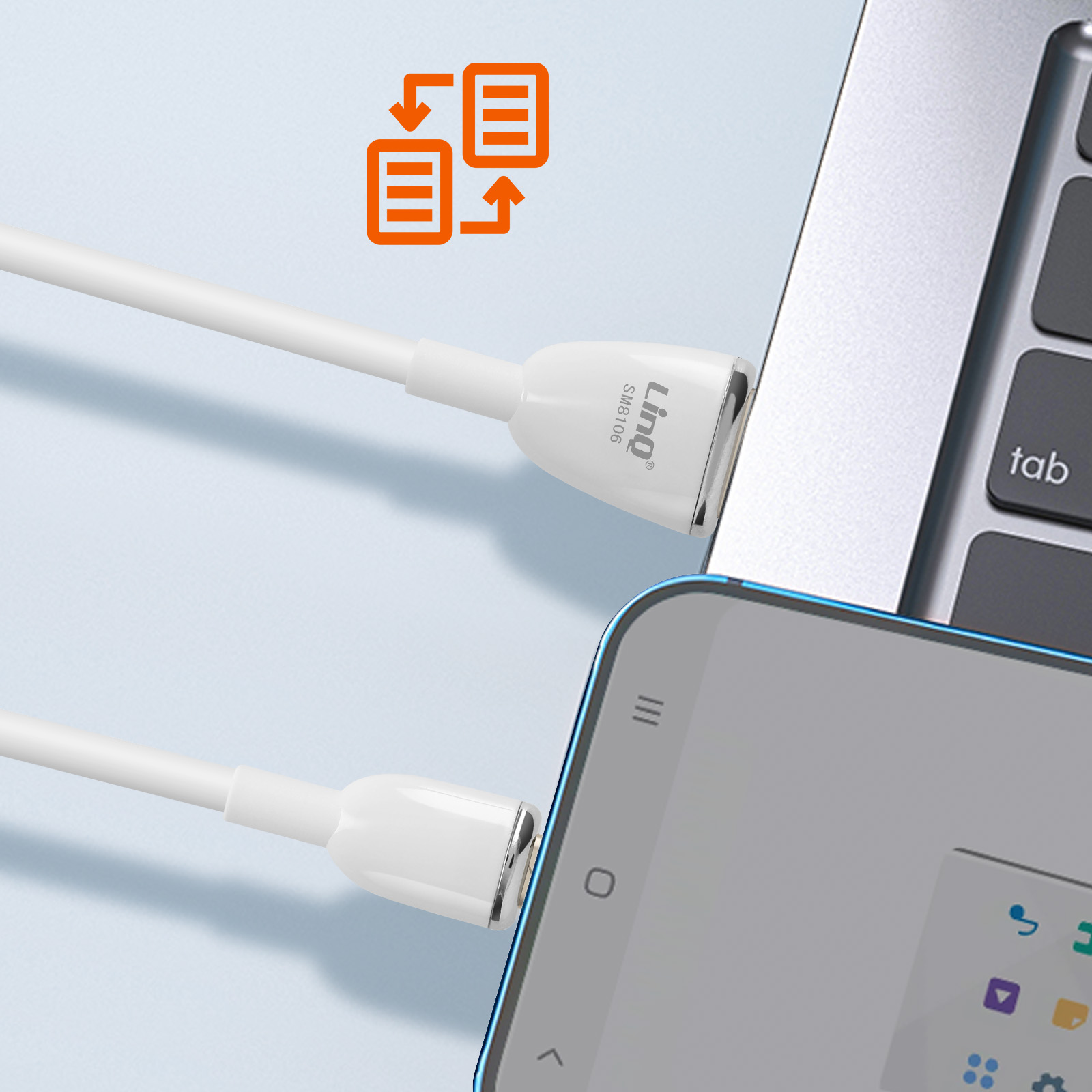 Cavo USB-C bianco collegato a laptop e smartphone, trasferendo dati. Frecce arancioni indicano il flusso di dati.