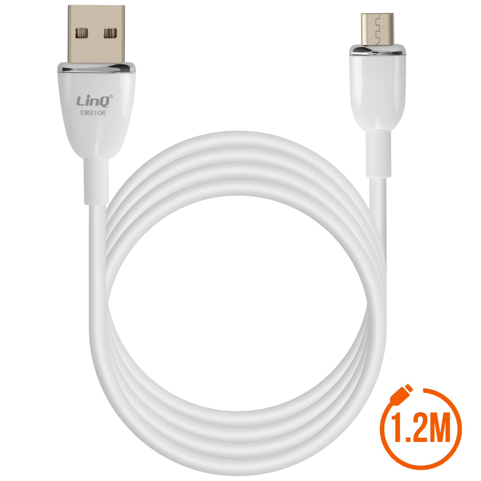 Cavo da USB a Micro USB bianco, con un'etichetta arancione da 1,2 m. Sfondo bianco.