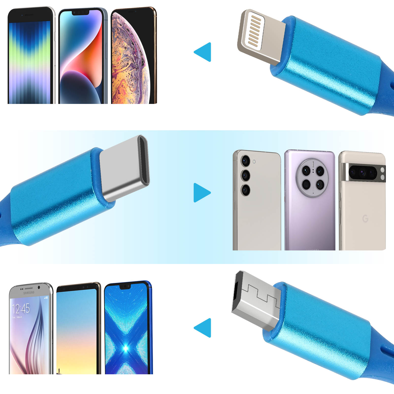 Drei Telefone mit verschiedenen Anschlüssen und ein blaues Kabel mit passenden Steckern.