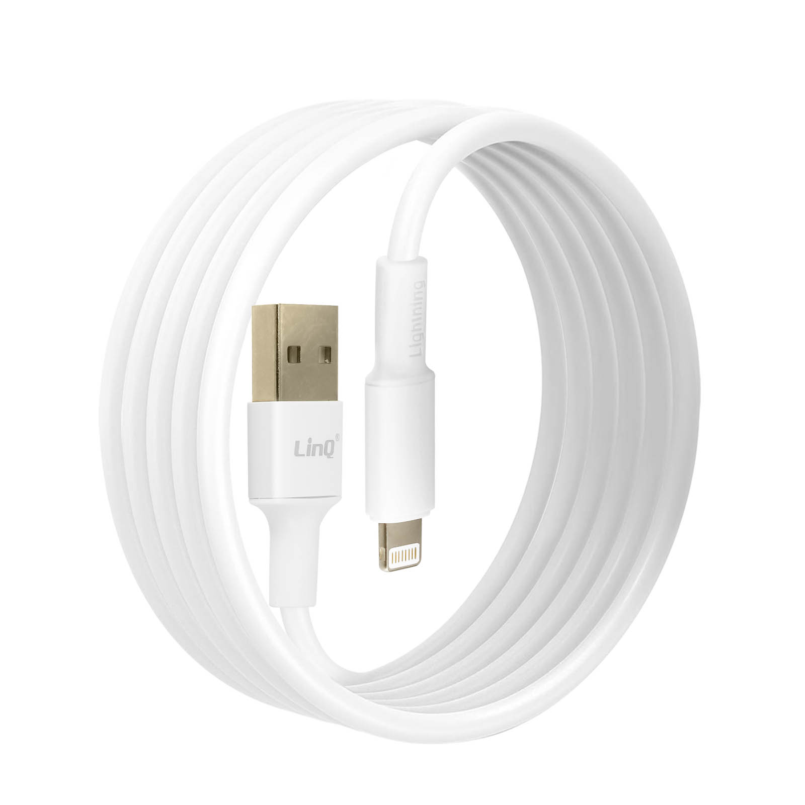 Weißes Lightning-Kabel in einer spiralförmigen Form, mit Lightning- und USB-A-Anschlüssen.