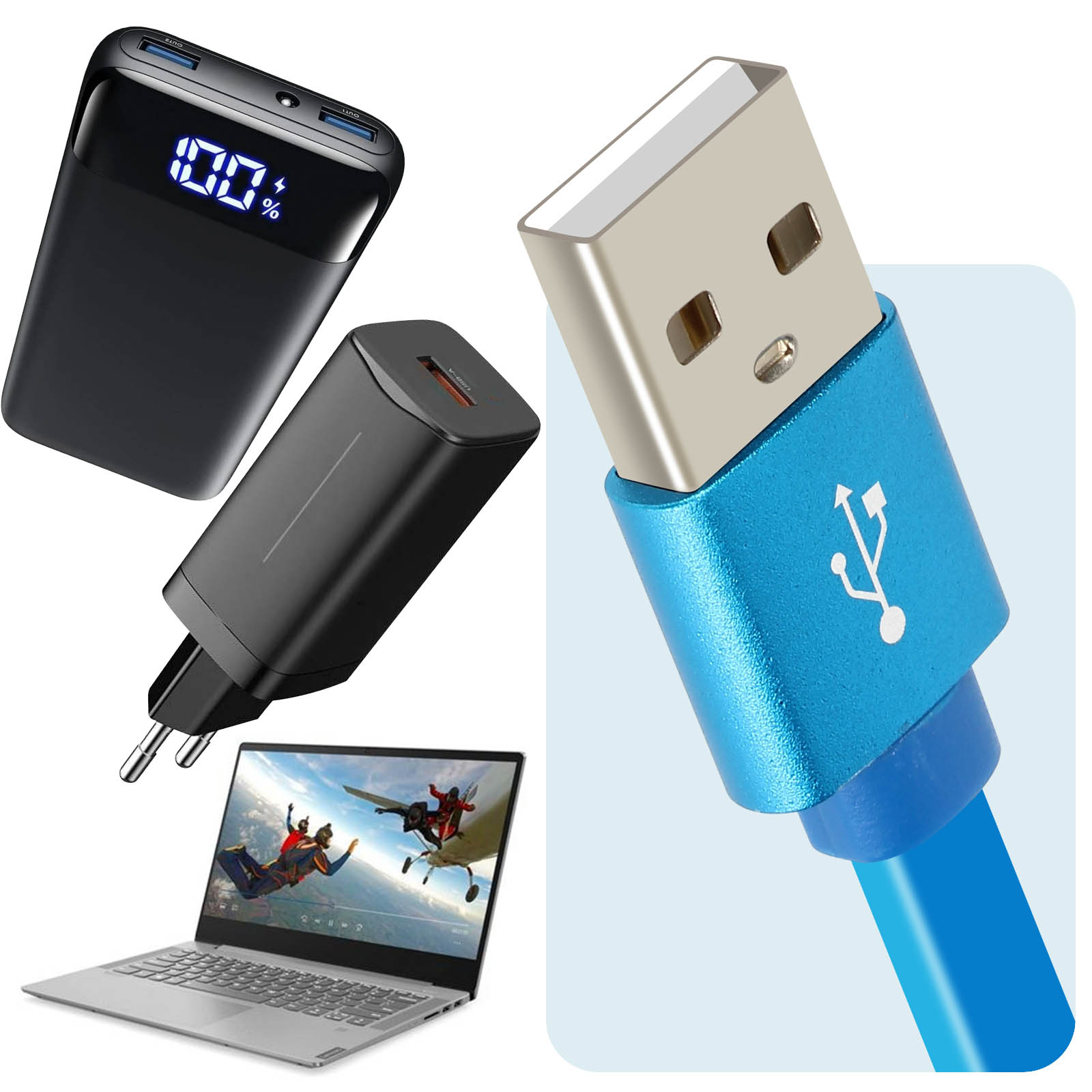 Eine schwarze Powerbank, ein schwarzes Ladegerät, ein USB-Kabel und ein Laptop mit Fallschirmspringern auf dem Bildschirm.