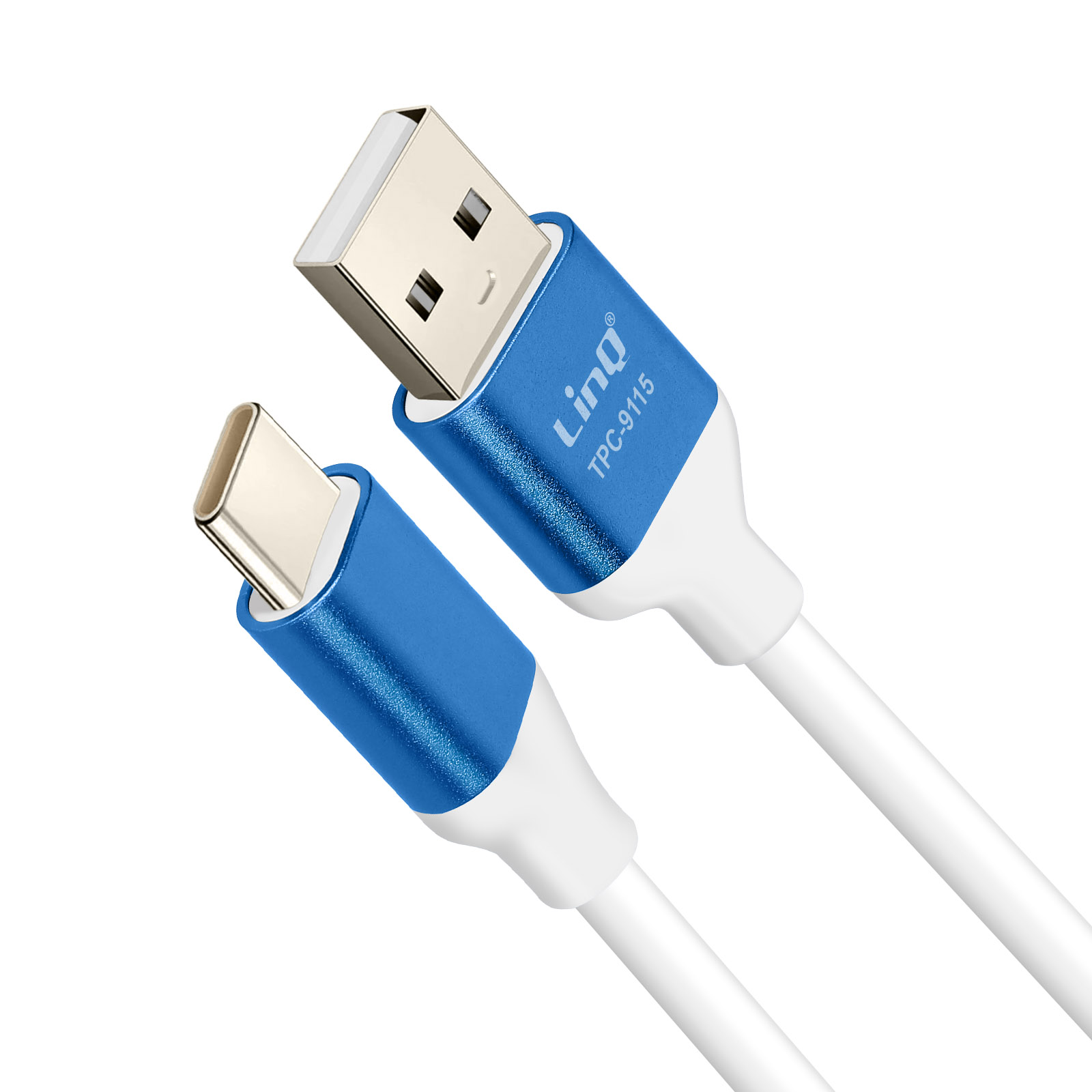 Cavo bianco con connettore USB-C blu e connettore USB bianco.