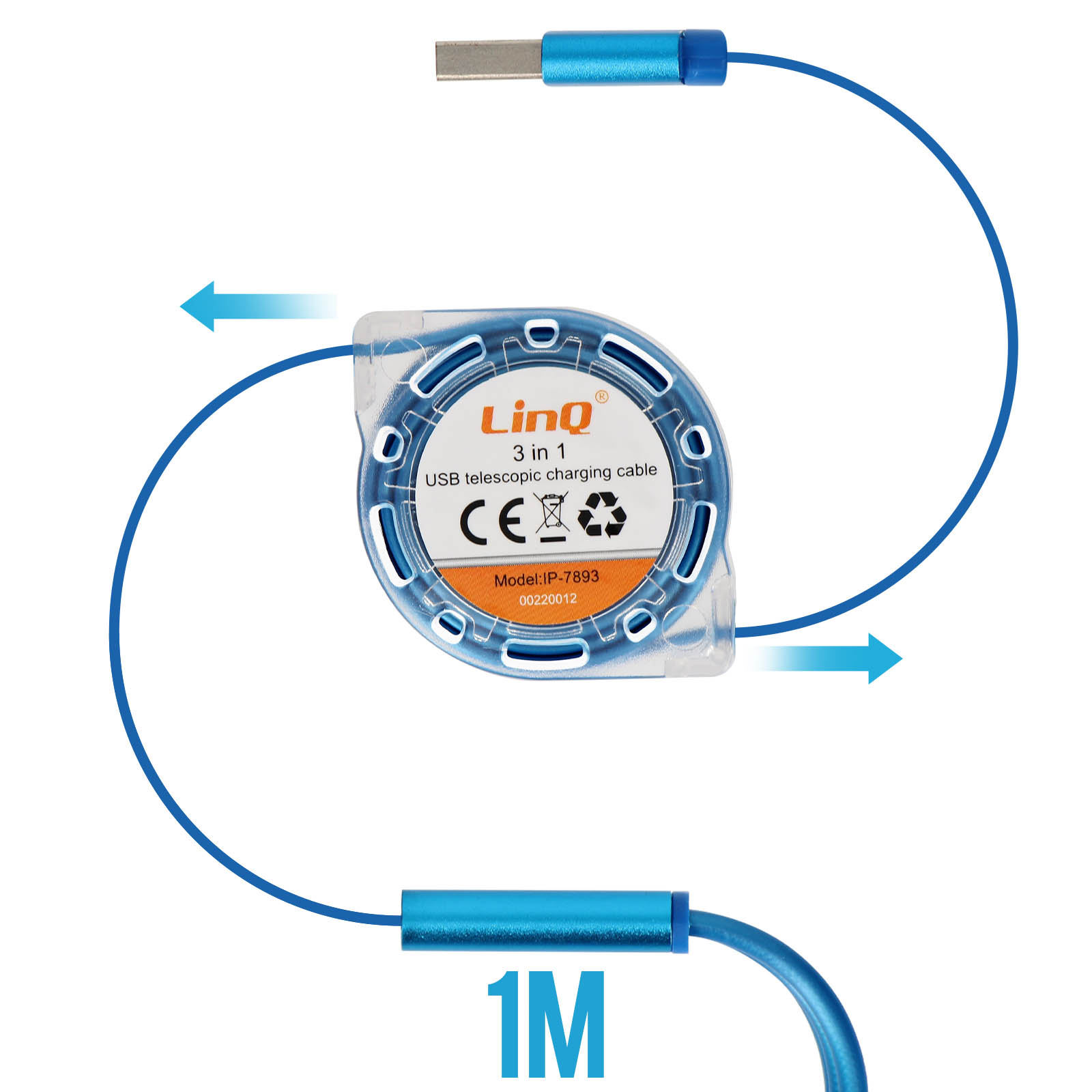 Blaues 3-in-1 USB-Ladekabel. Pfeile und Text. Weißer Hintergrund. 1M Länge.