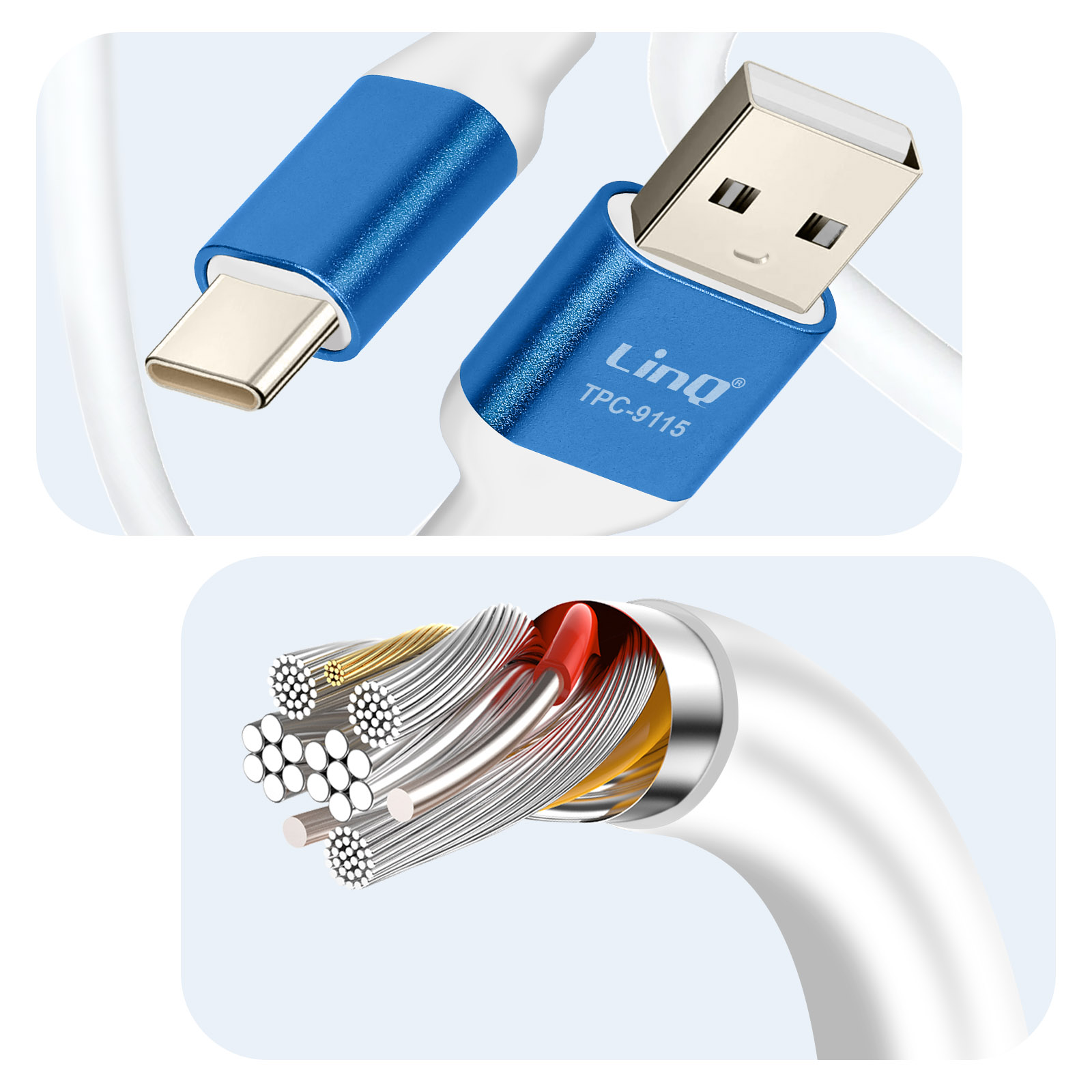 Un cavo USB blu e bianco e un cavo smontato che mostra i fili interni.