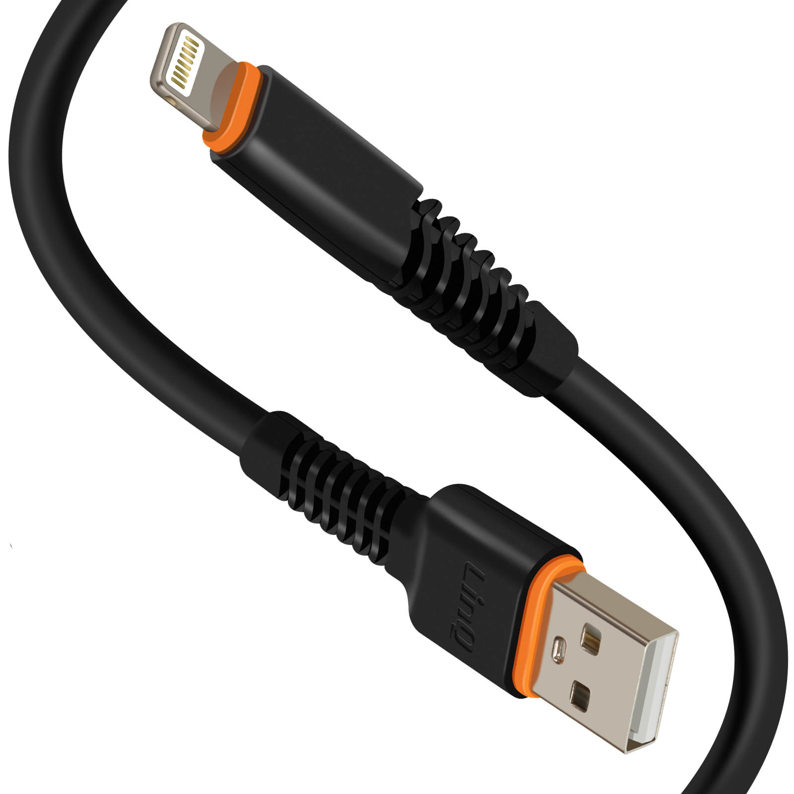 Schwarzes USB-zu-Lightning-Kabel. Das Kabel hat orangefarbene Akzente an den Steckern.