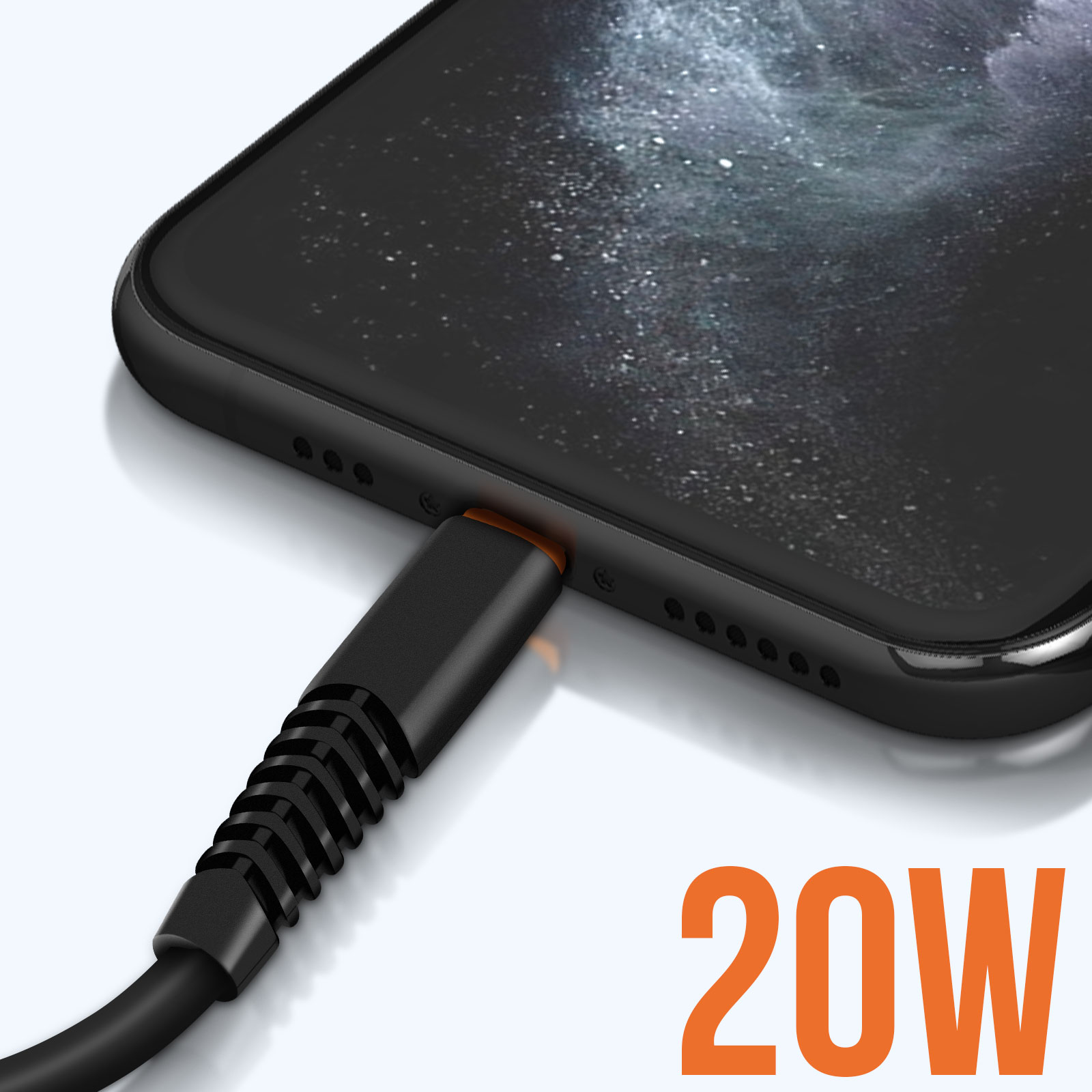 Ein schwarzes Ladekabel, das mit einem Telefon verbunden ist, mit einer 20W-Textüberlagerung.