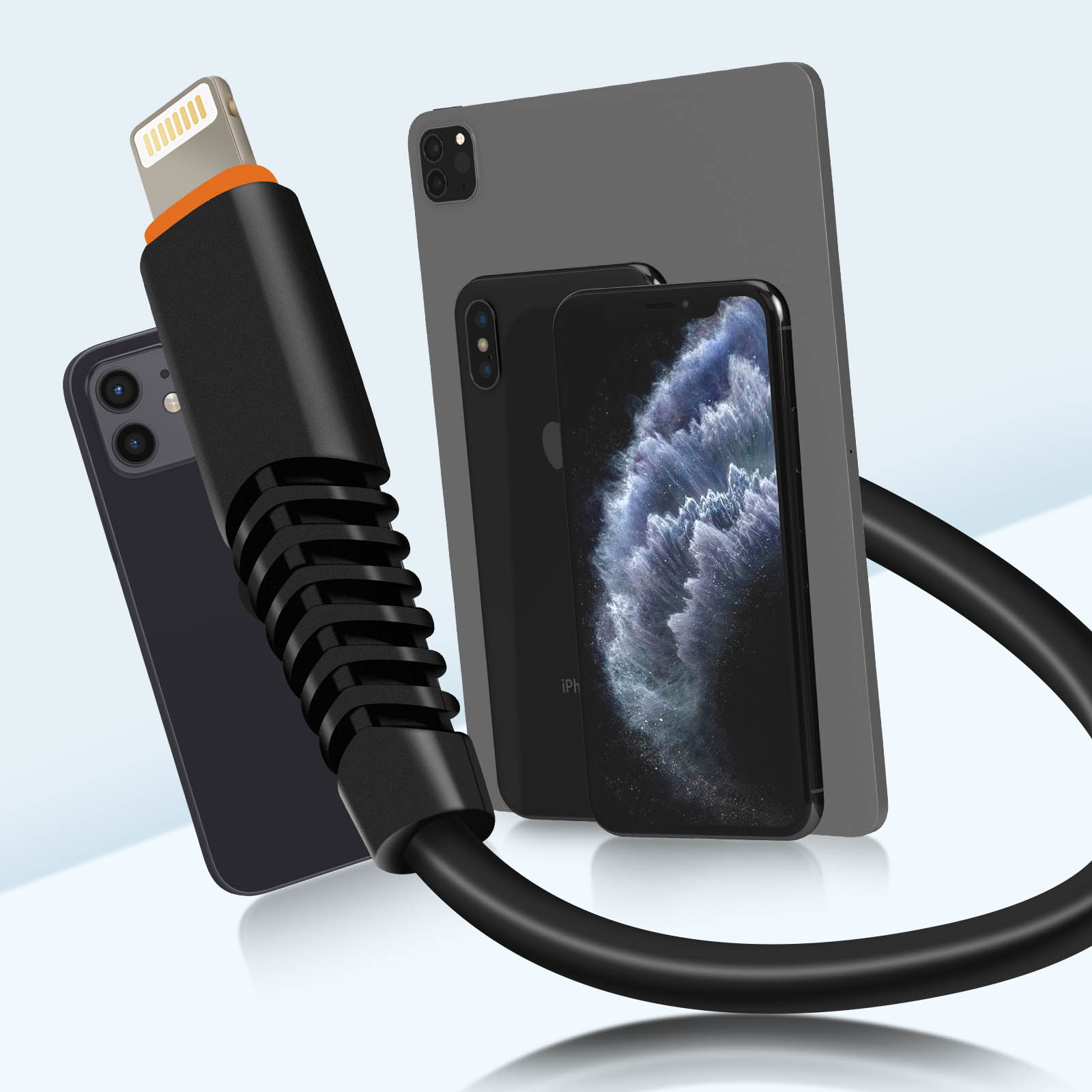Schwarzes Ladekabel mit Telefon und zwei anderen Telefonen und einem Tablet.