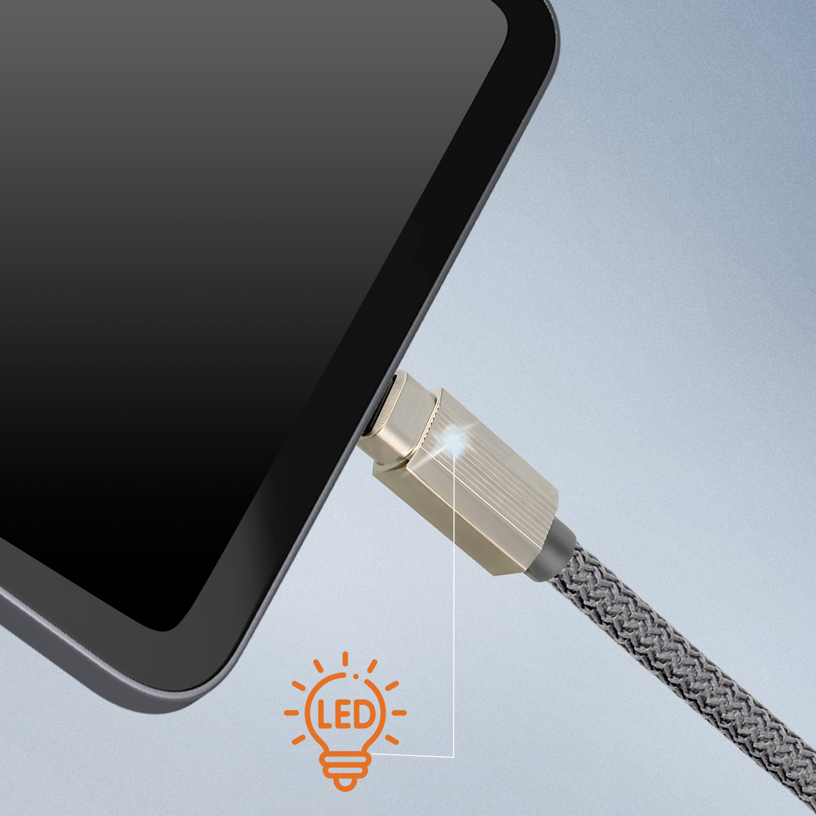 Un telefono in carica con un cavo LED illuminato, viene visualizzata l'icona della lampadina LED.