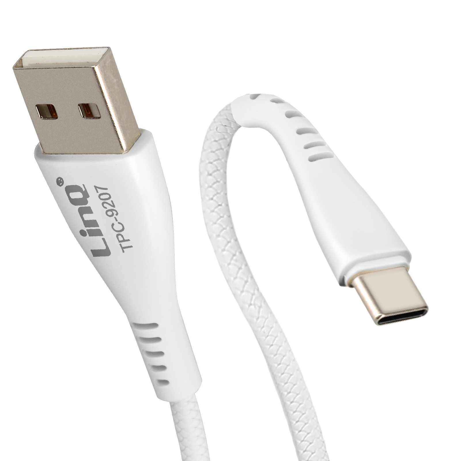 Cavo USB a USB-C bianco. Sfondo bianco. Il cavo ha il logo Linq.
