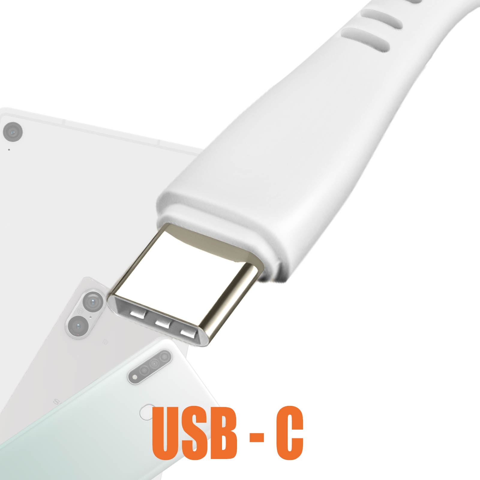 Un cavo USB-C bianco con connettore argentato. Tablet e telefoni sullo sfondo.