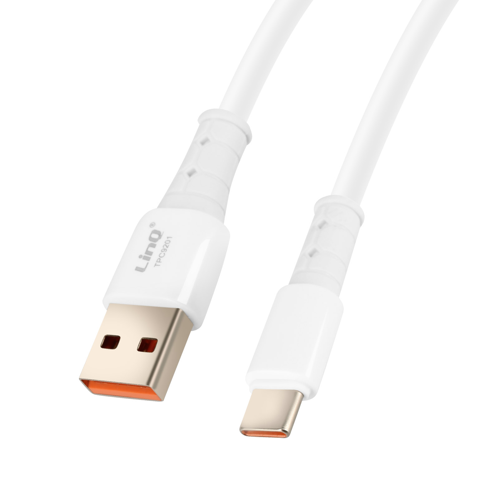 Un cavo USB bianco con un connettore USB-A e USB-C.