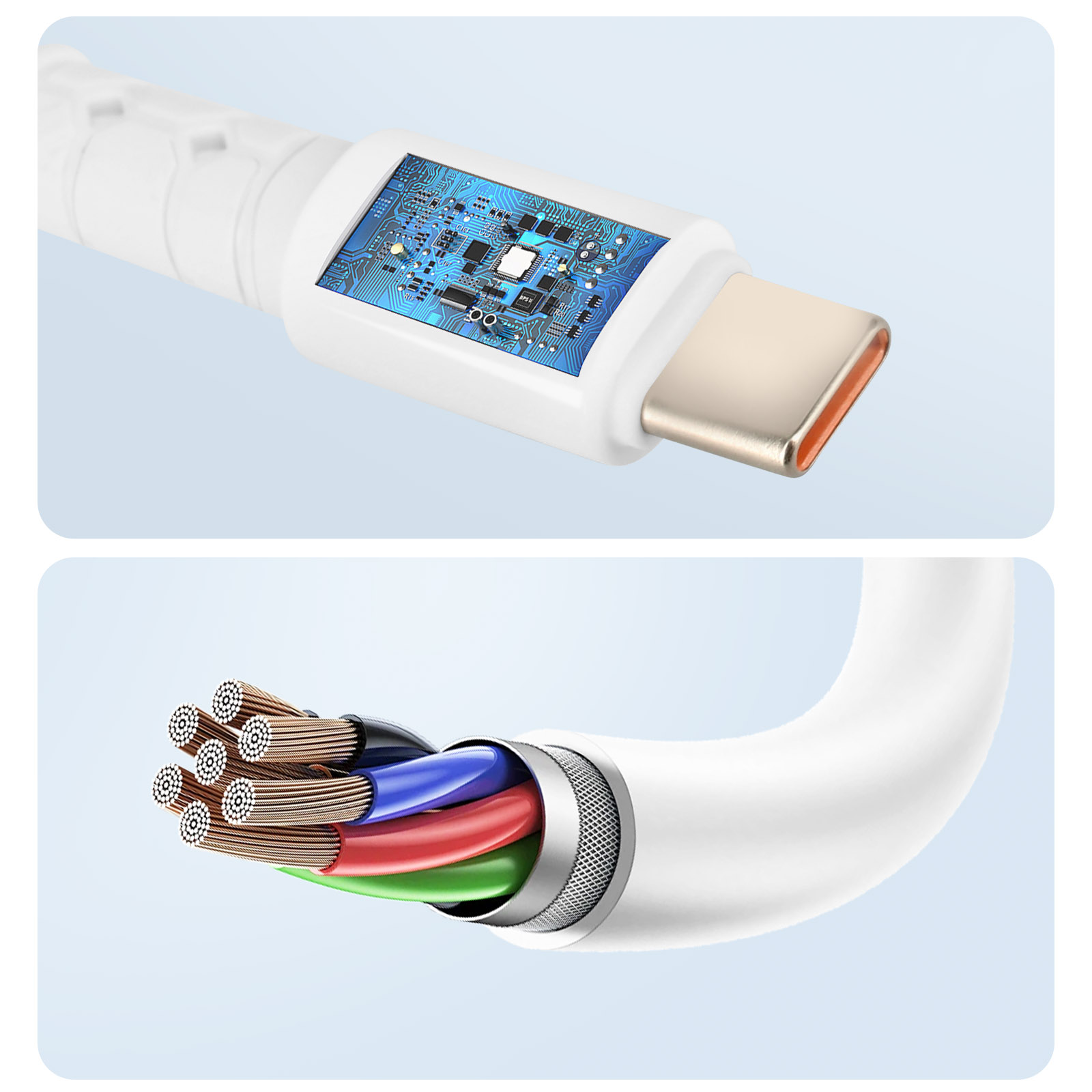 Primo piano di un cavo di ricarica bianco con connettore USB-C e fili scoperti.
