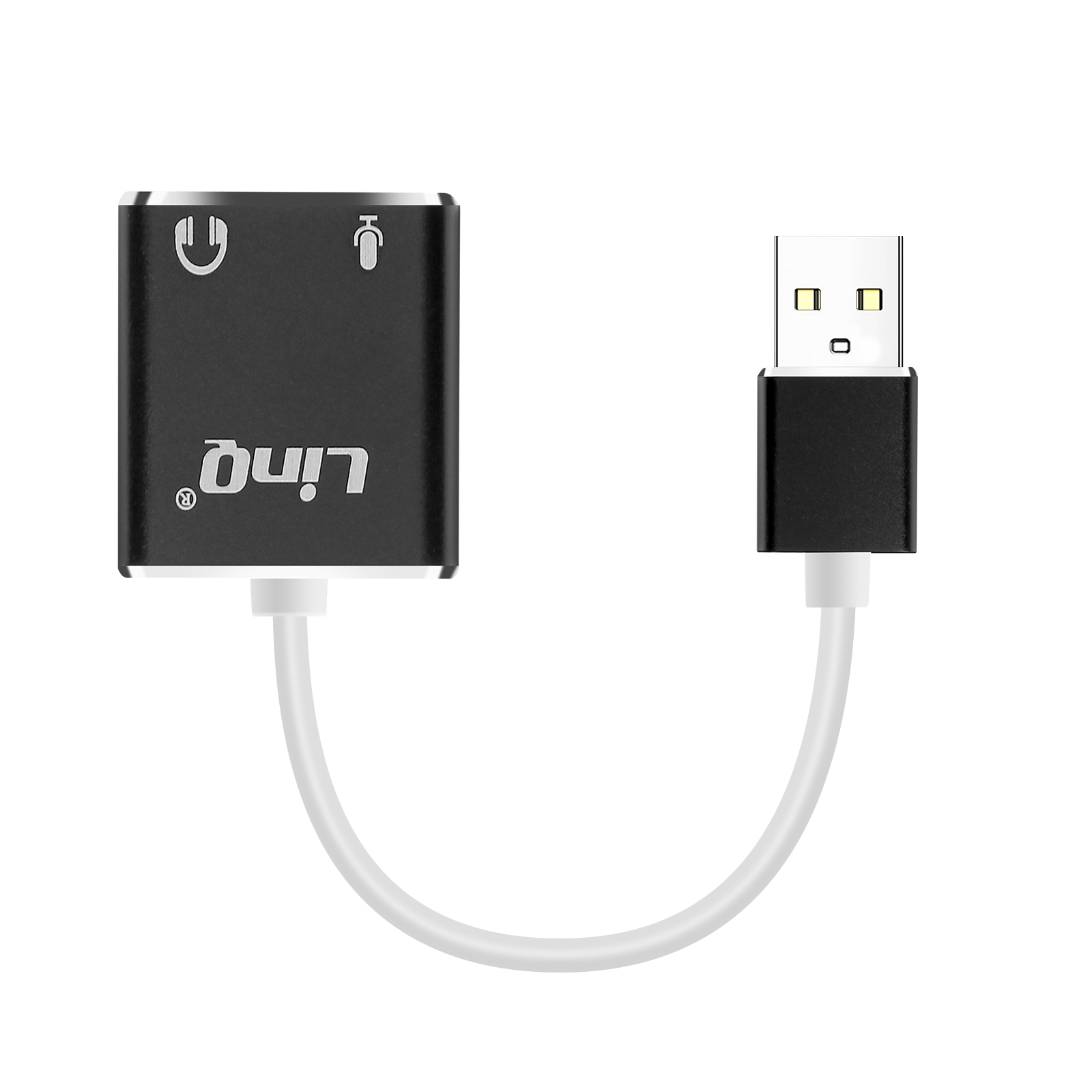 Adattatore audio USB nero con icone cuffie e microfono, collegato a una spina USB.