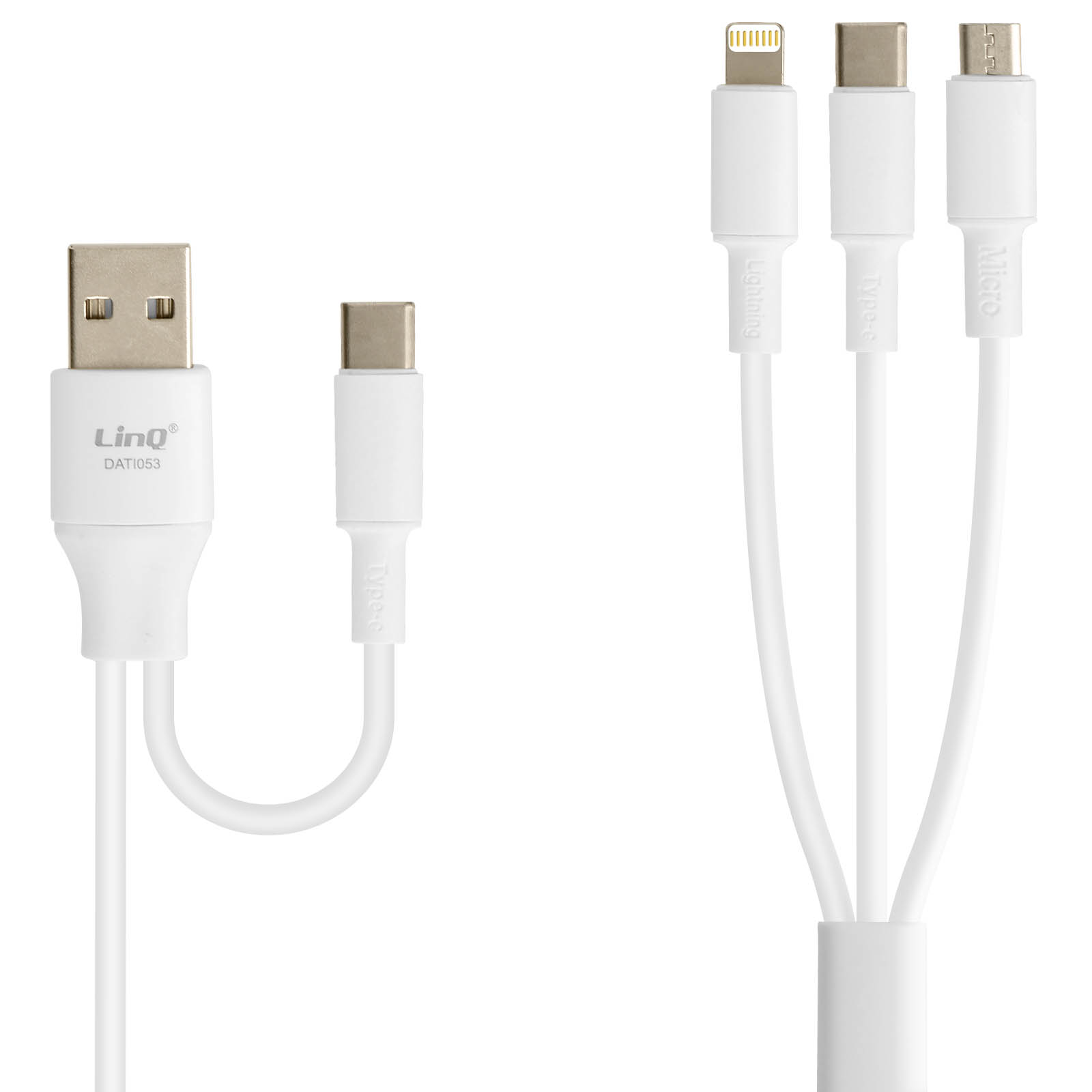 Cavo multi-connettore bianco: USB, Lightning, Type-C, Micro.