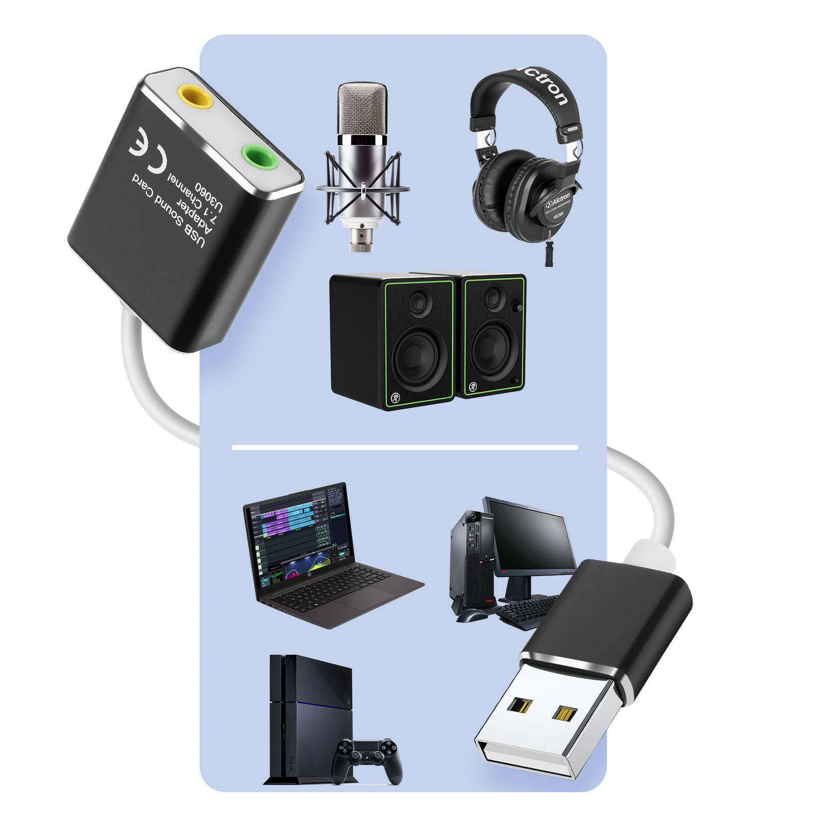 Una scheda audio USB con apparecchiature audio, tra cui cuffie e altoparlanti.