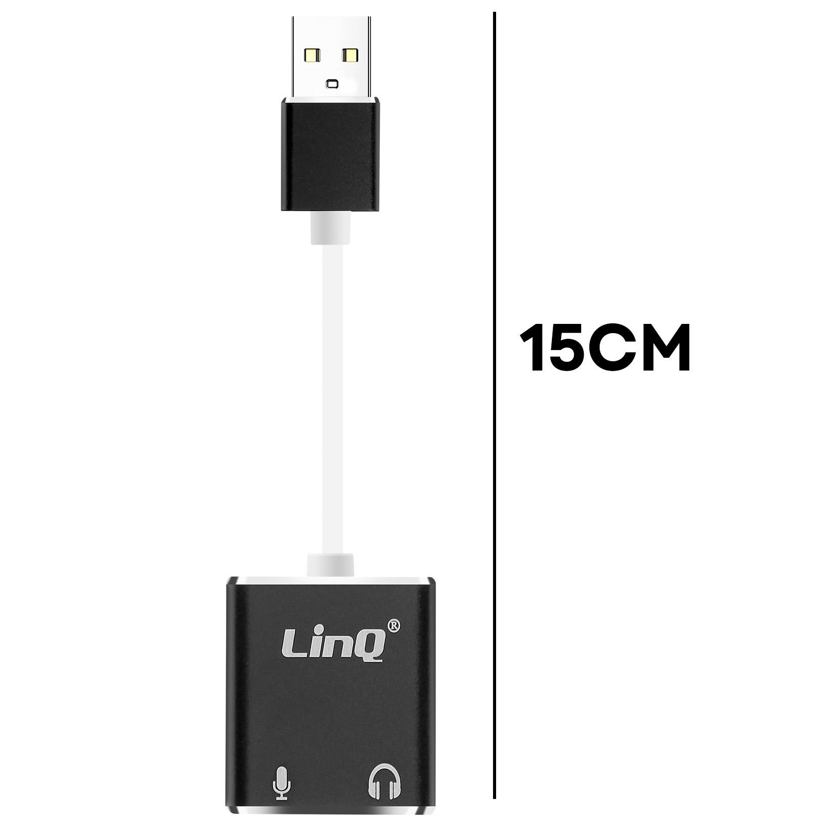 Adattatore audio USB nero e argento, con cavo bianco. Il testo 15CM è accanto.