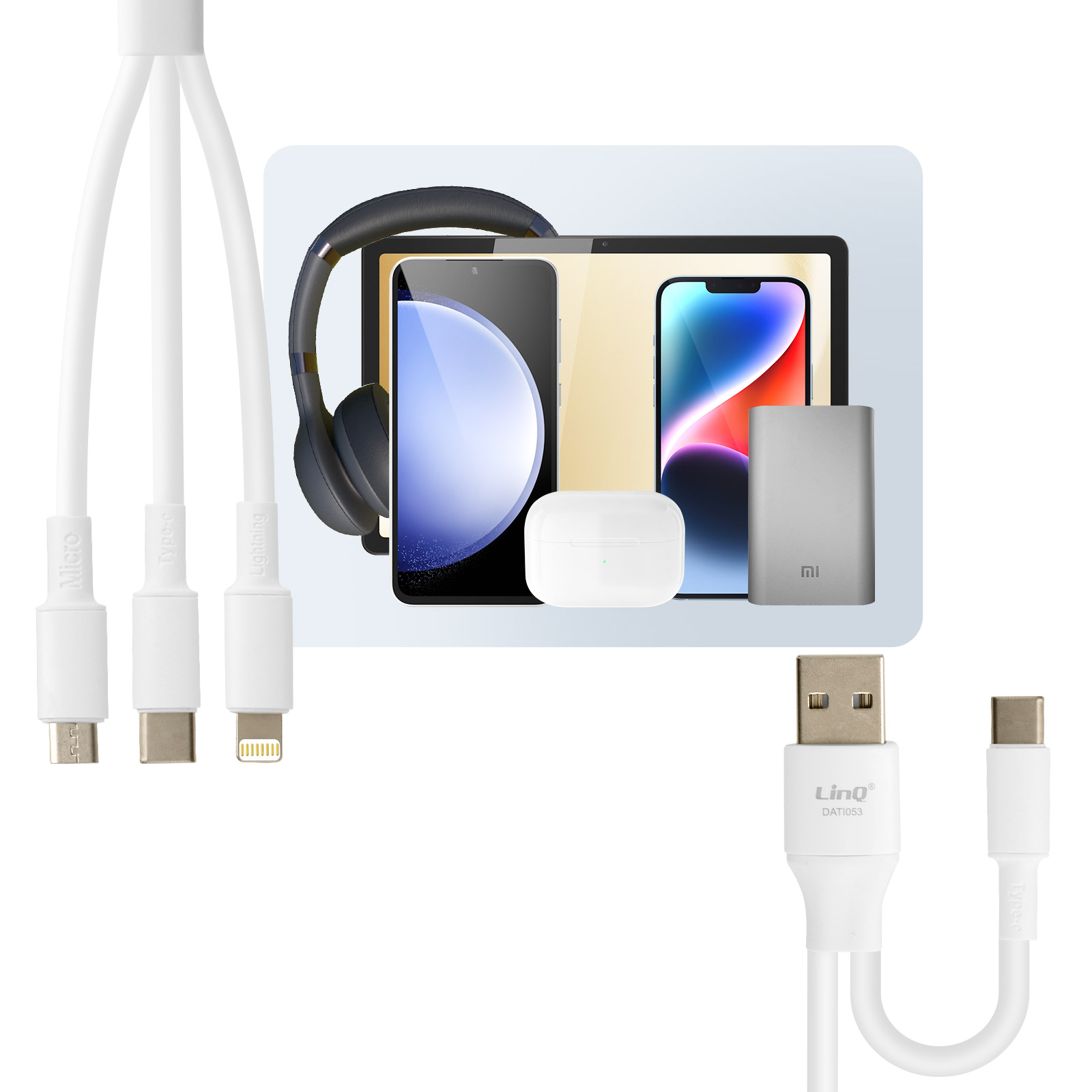 Cavo multiplo bianco con connettori Micro, Type-C e Lightning. Altri dispositivi sullo sfondo.