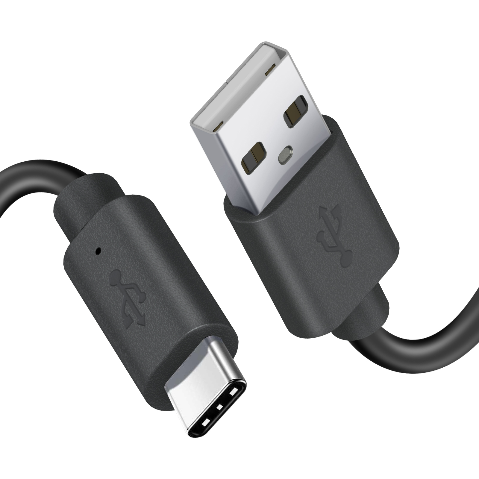Cavo nero da USB a USB-C, con connettori su sfondo bianco.