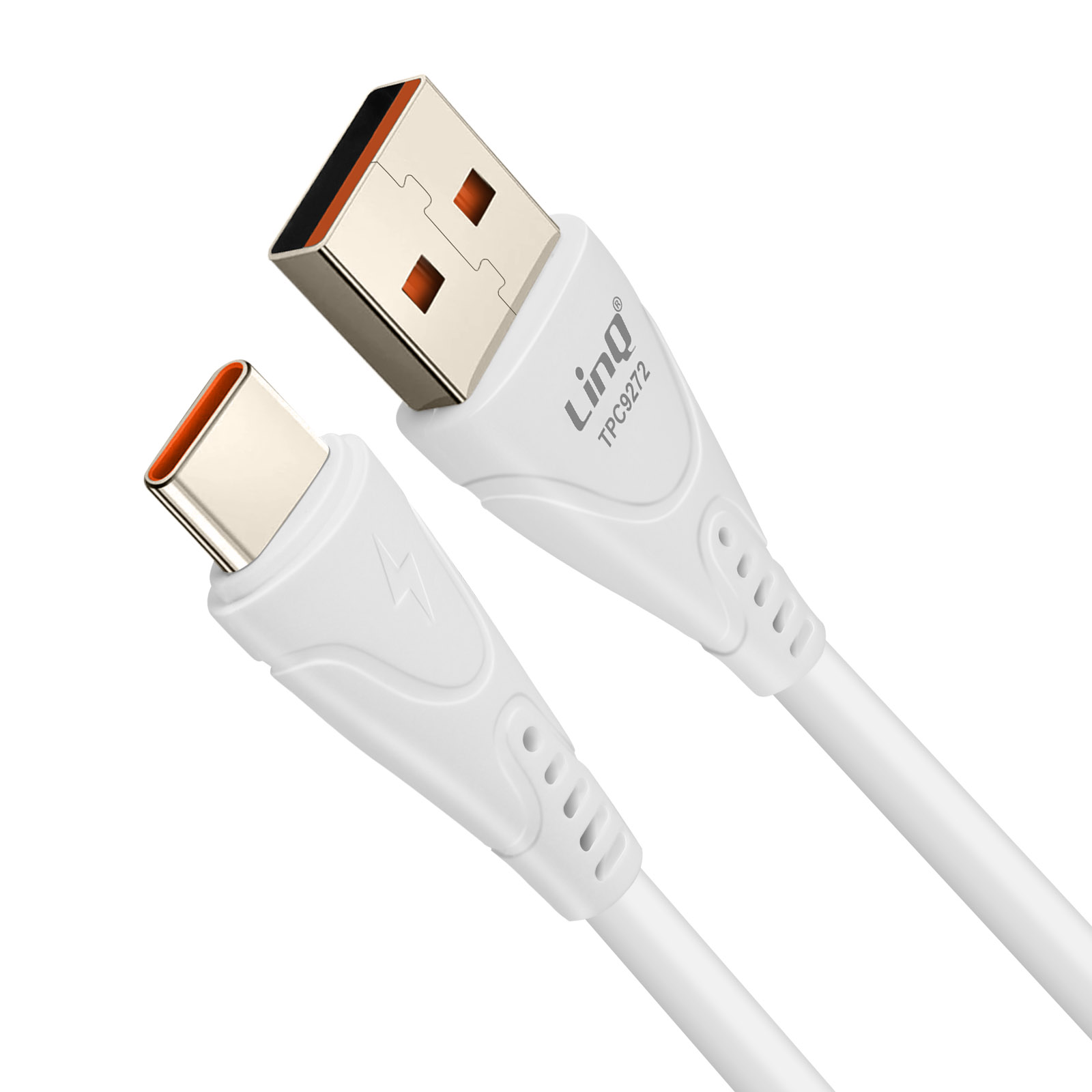 Cavo USB bianco con connettori USB e USB-C. Il cavo è angolato.