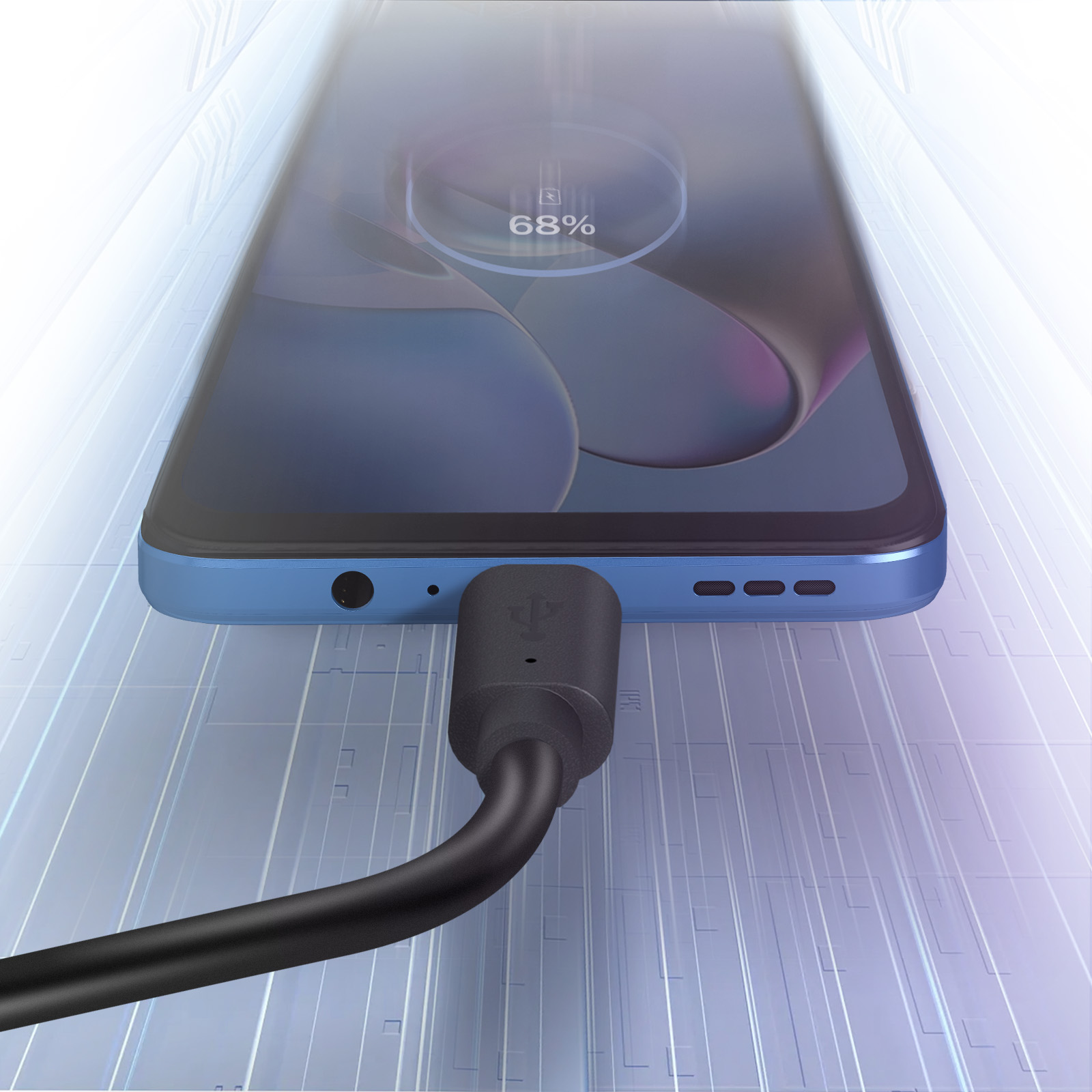 Telefono in carica tramite cavo USB-C, carica al 68%. Telefono blu, sfondo scuro.