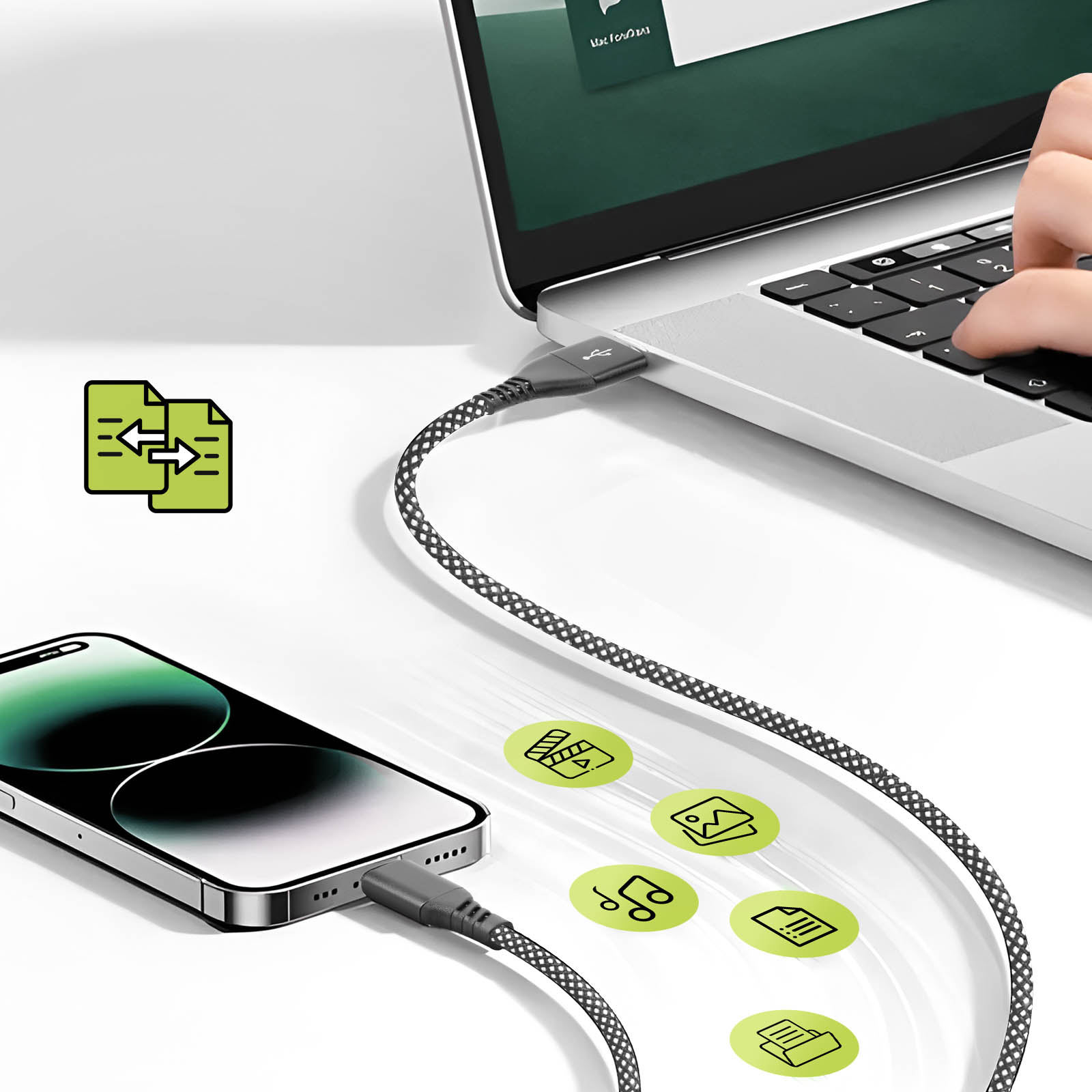 Un smartphone connecté à un ordinateur portable avec un câble USB. Icônes montrent transfert de données.