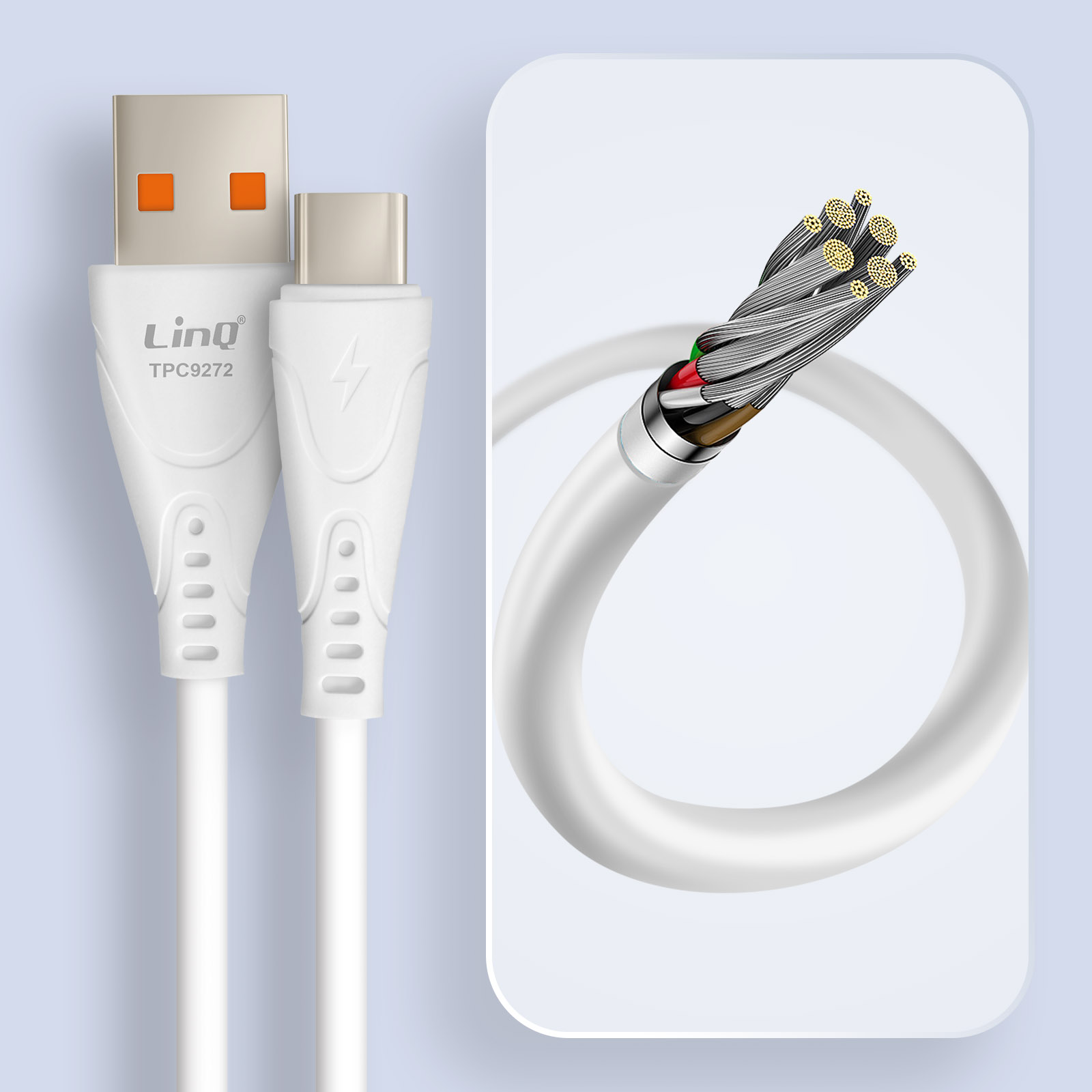 Connettori USB-C e USB bianchi. Una sezione trasversale del cavo rivela i fili interni.