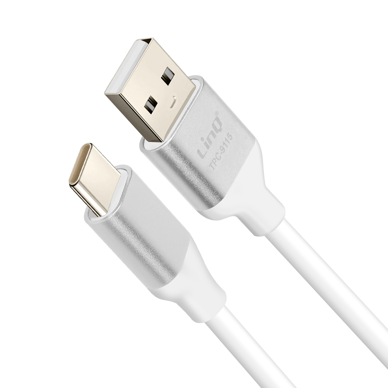 Câble USB-C vers USB blanc avec accents argentés, isolé sur blanc.